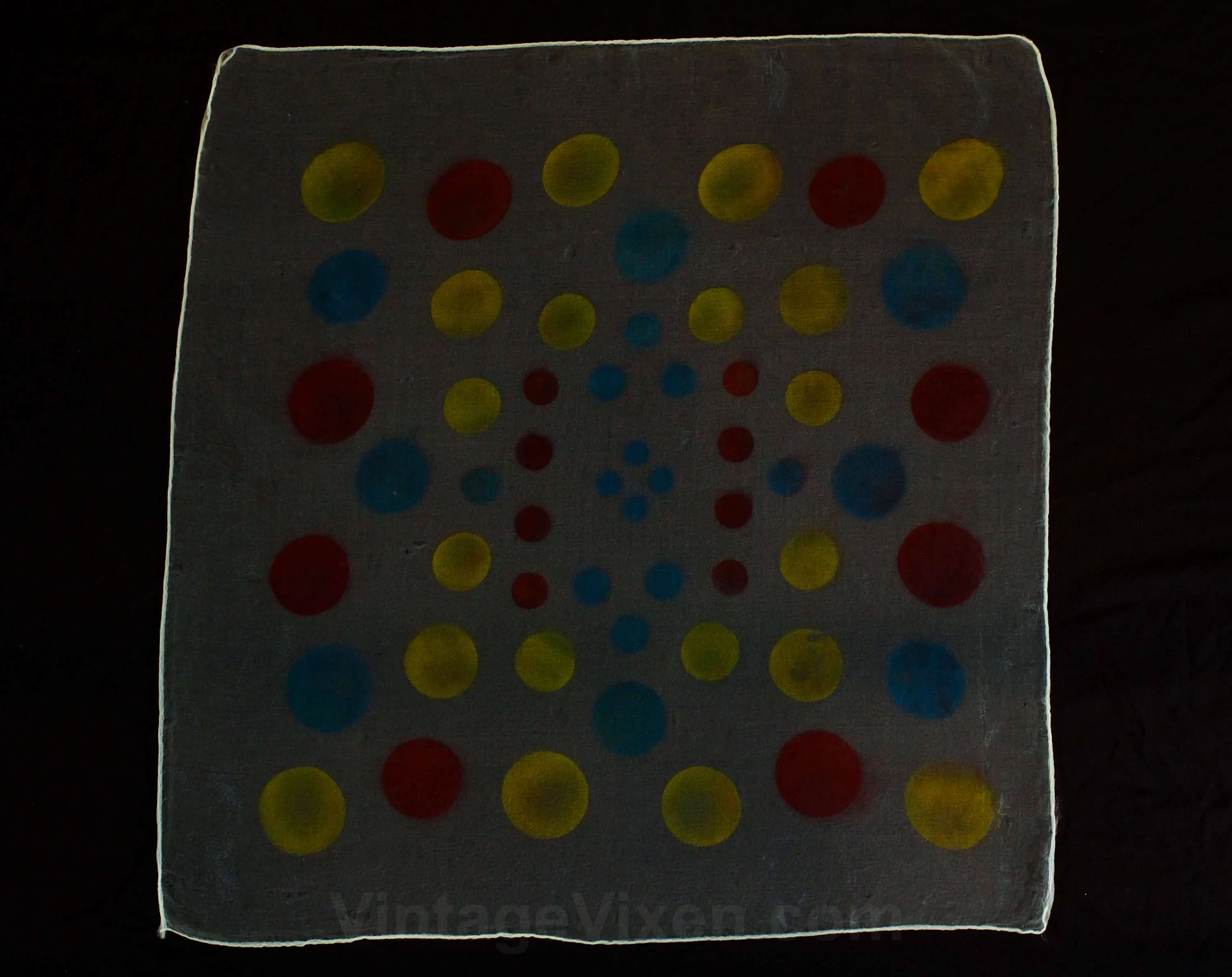 1960s Mod Sheer Scarf - Like Polka Dots on Frosty White Chiffon for Bouffant Hairdos - Red Yellow Blue Geometric Dots - 27 Inches Square