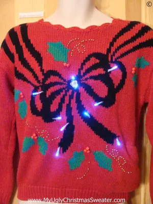80s Vintage Christmas Sweater with Bow and Lights (g286)