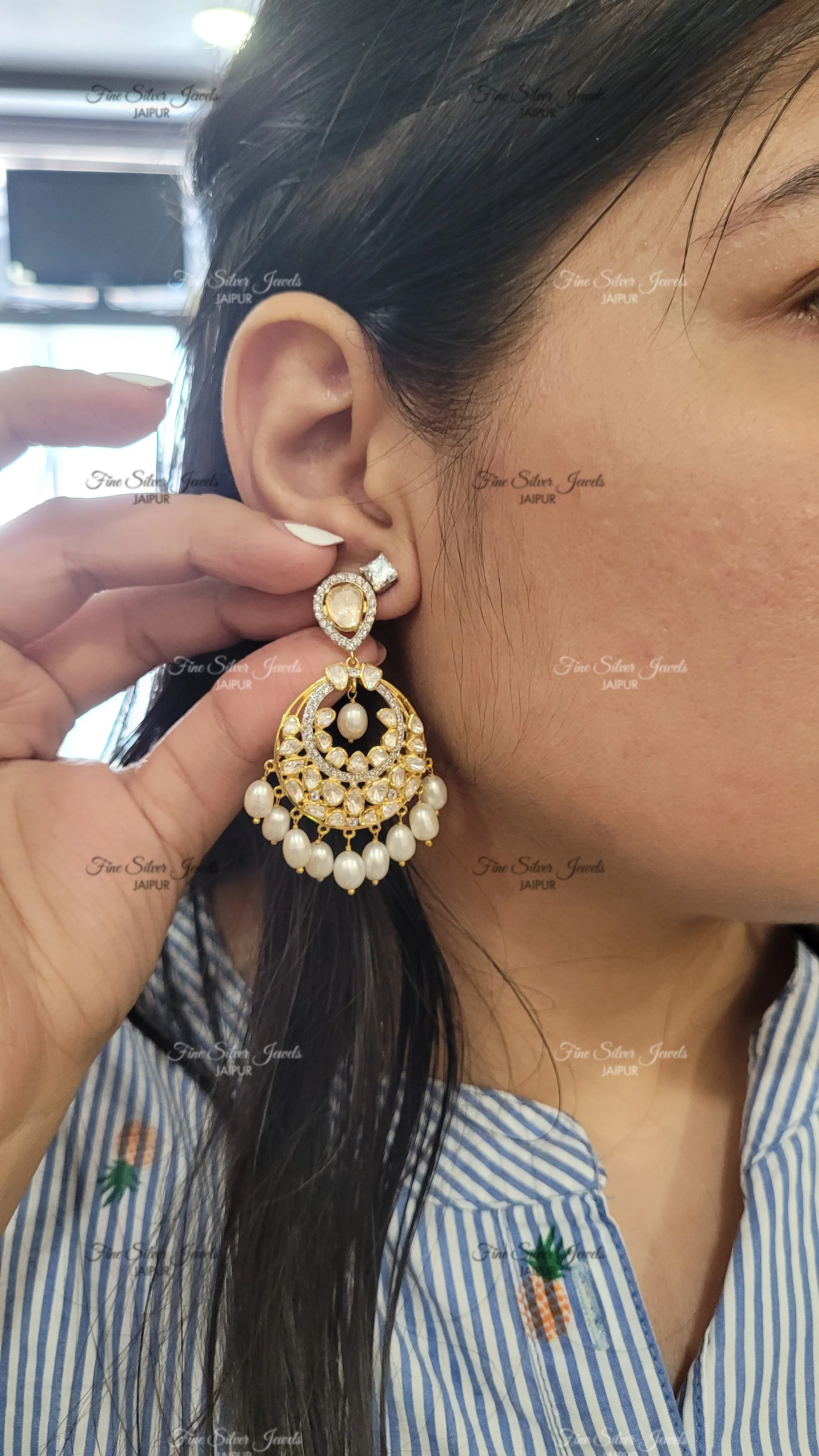 925 silver WHITE PEARLS CHANDBALI