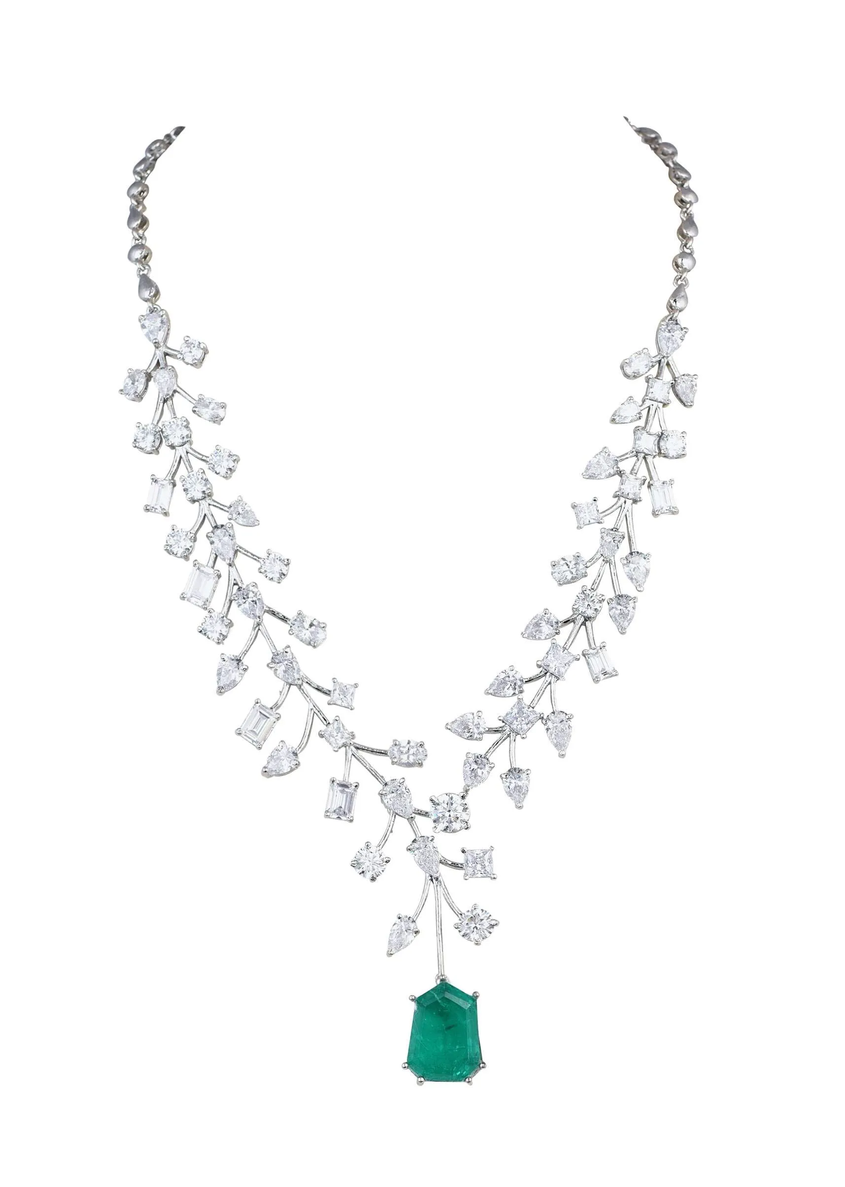 92.5 Sterling Silver Emerald Drop Pendant Necklace Set