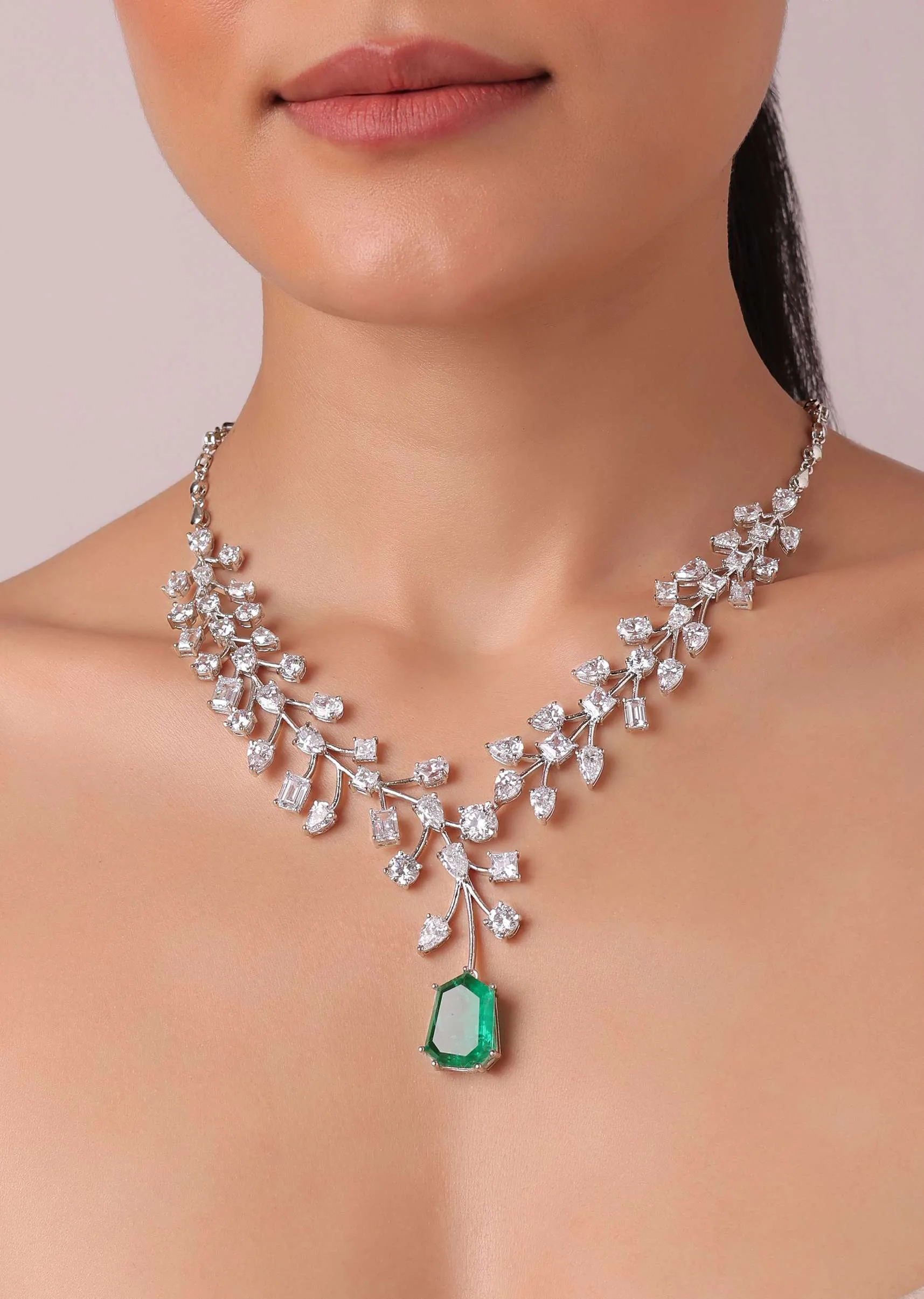92.5 Sterling Silver Emerald Drop Pendant Necklace Set