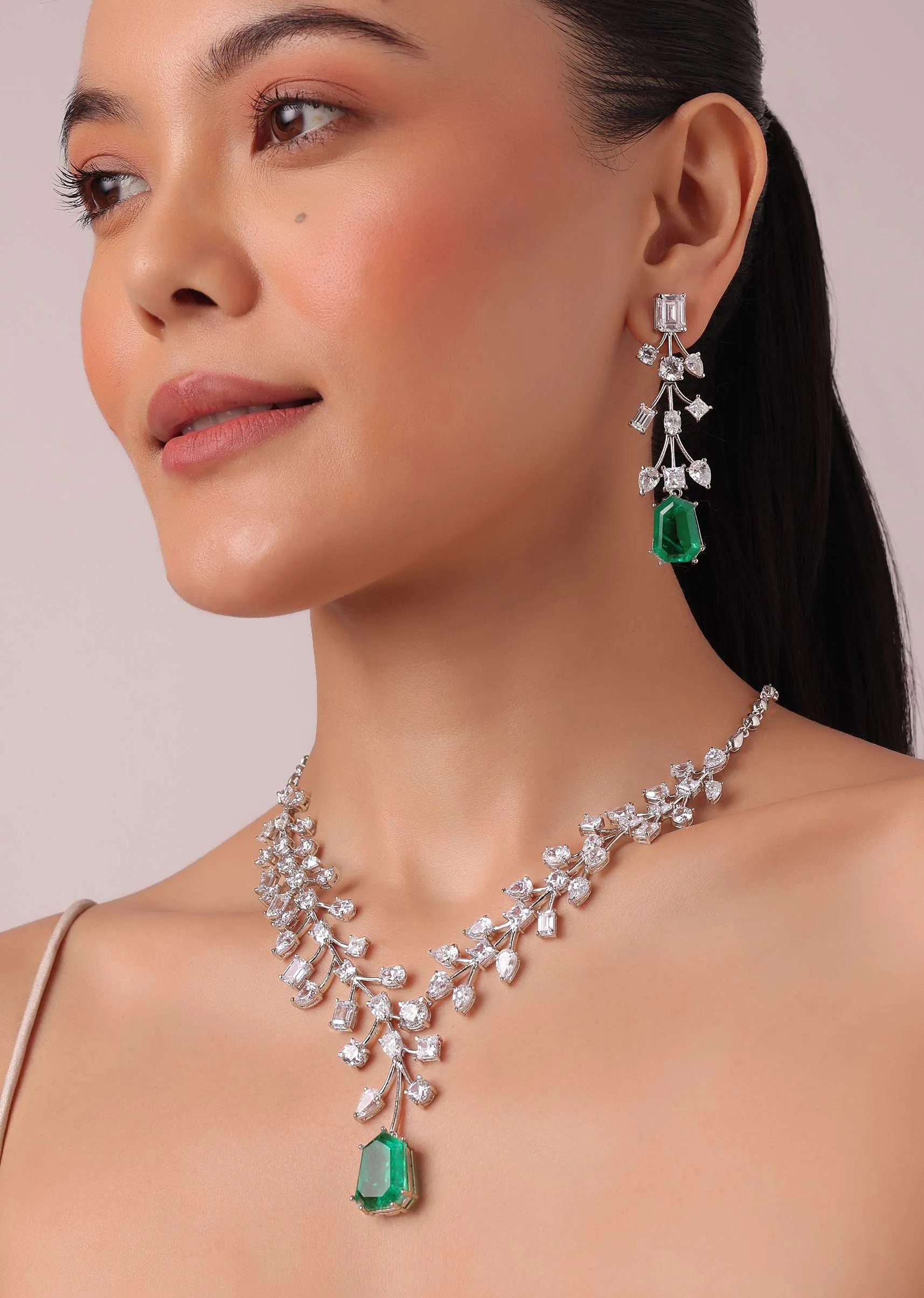 92.5 Sterling Silver Emerald Drop Pendant Necklace Set