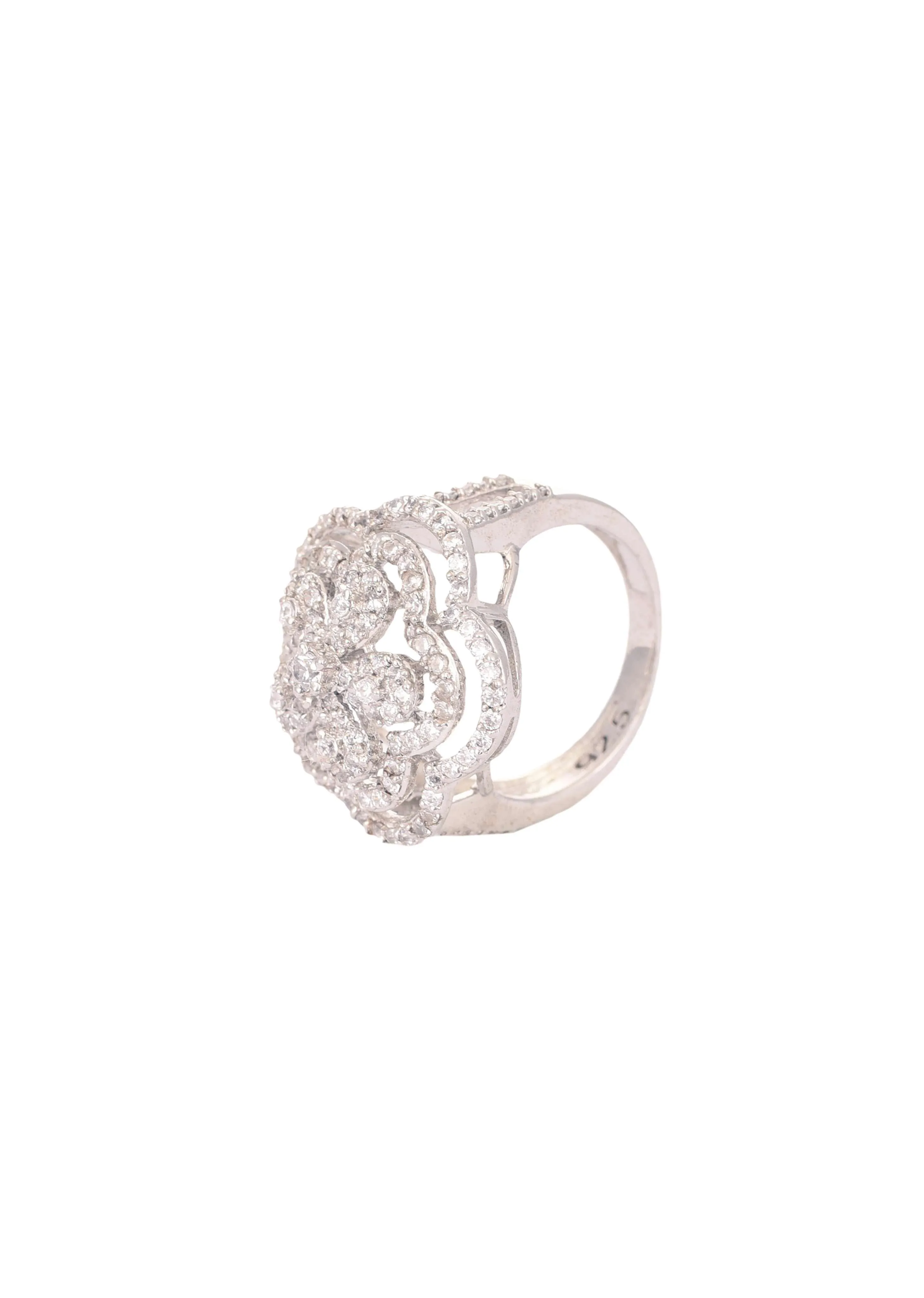 92.5 Sterling Silver Ring Embedded with Faux Diamonds In a Floral Pattern