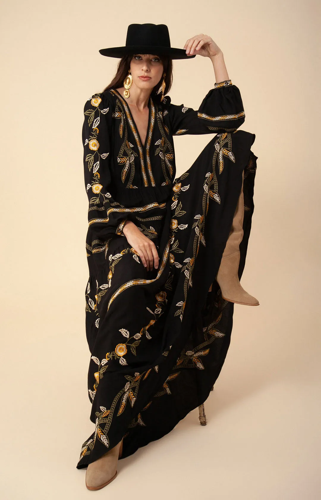 Amelia Embroidered Crepe Maxi Dress