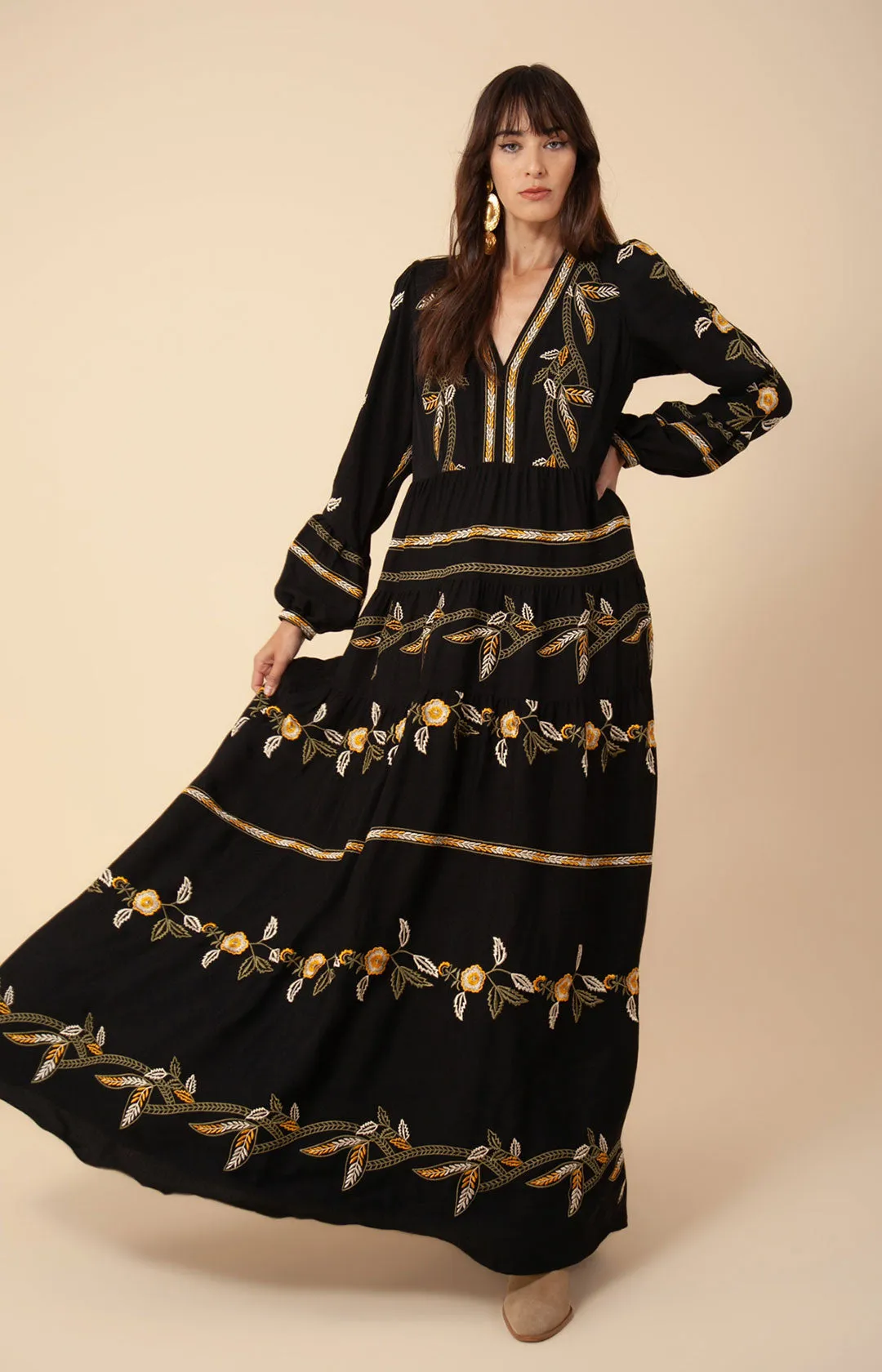 Amelia Embroidered Crepe Maxi Dress
