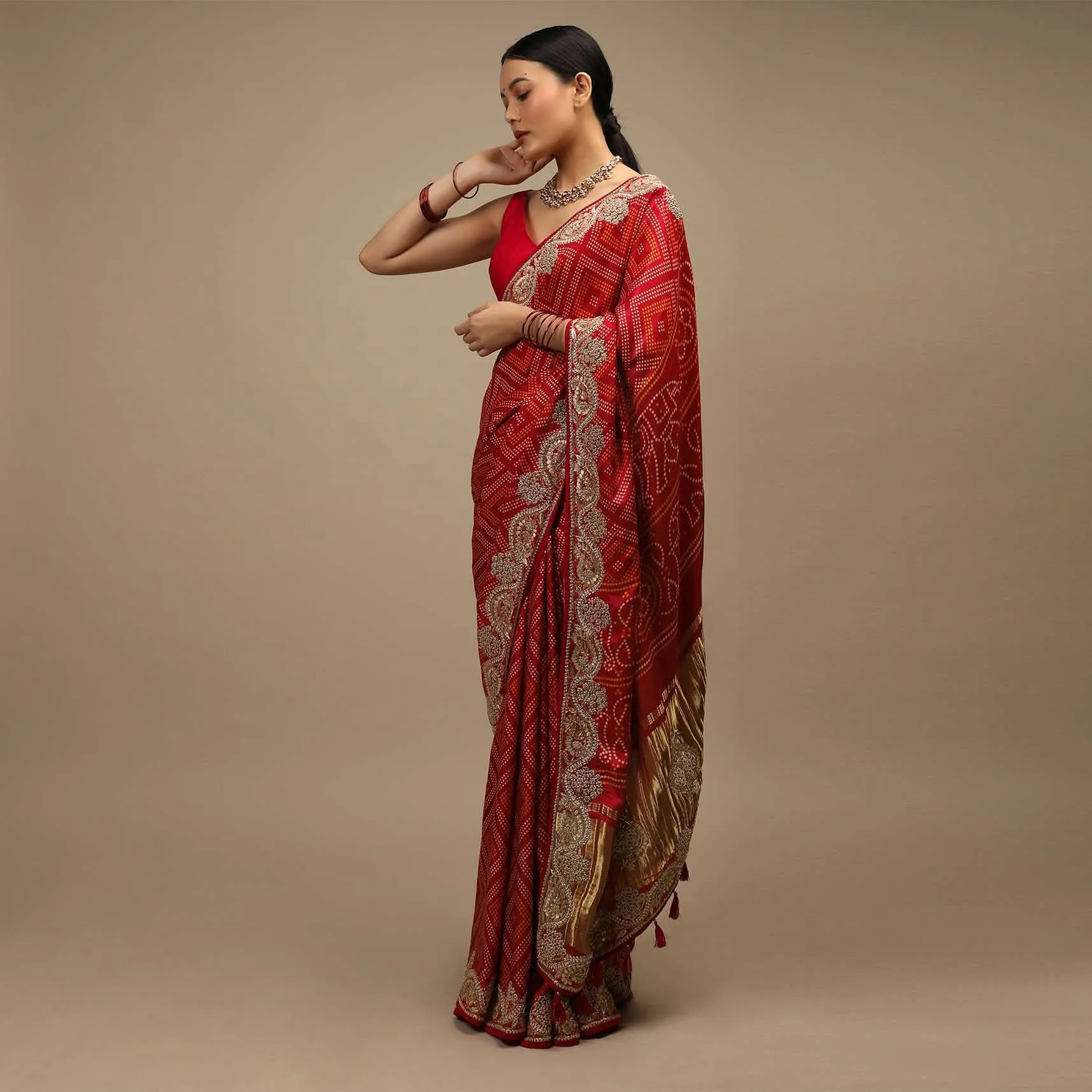 Apple Red Saree In Satin With Dot Print And Brocade Pallu Adorned In Gotta Patti Embroidered Ethnic Motifs Online - Kalki Fashion