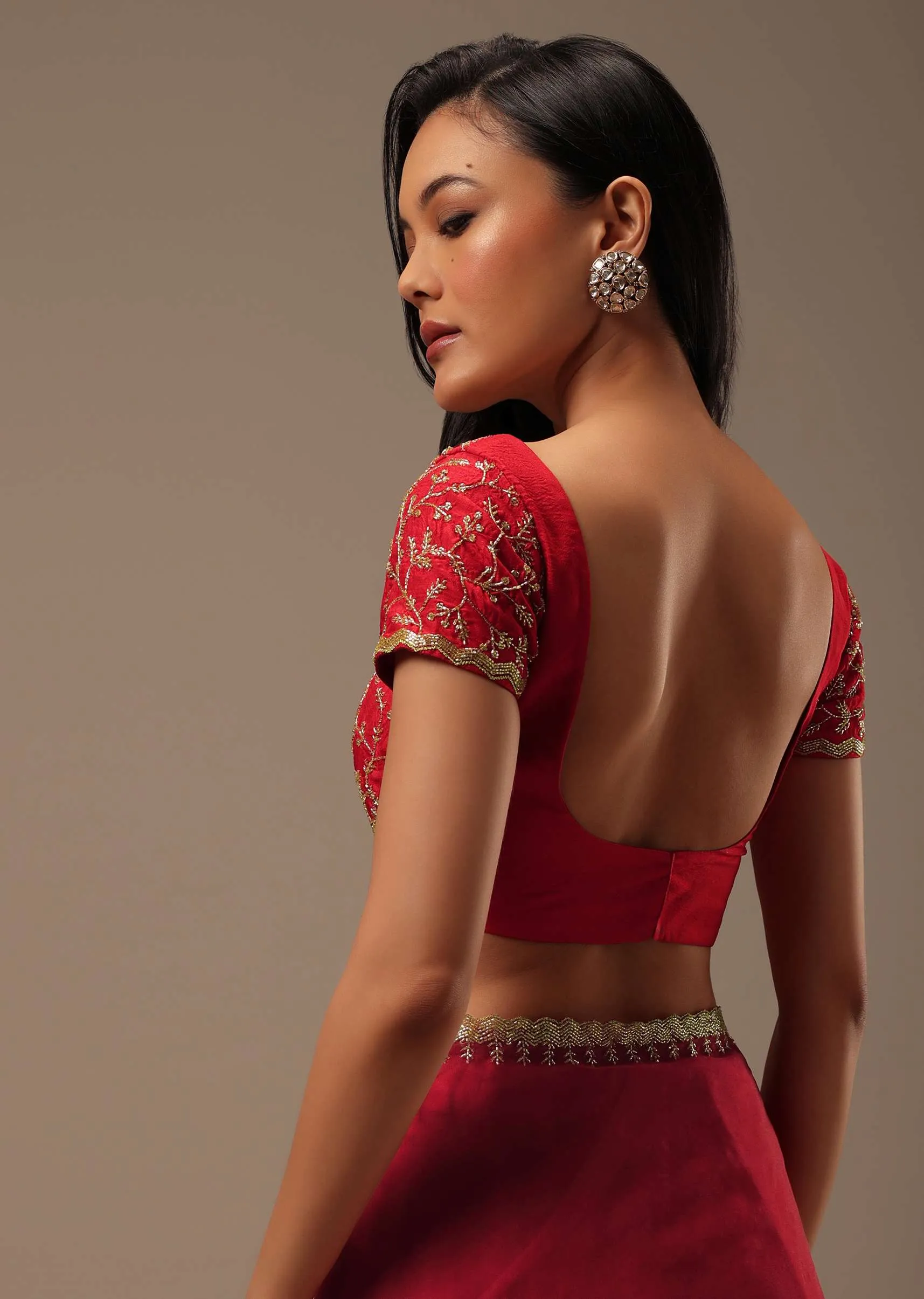 Apple Red Solid Organza Saree With Cut Dana Work