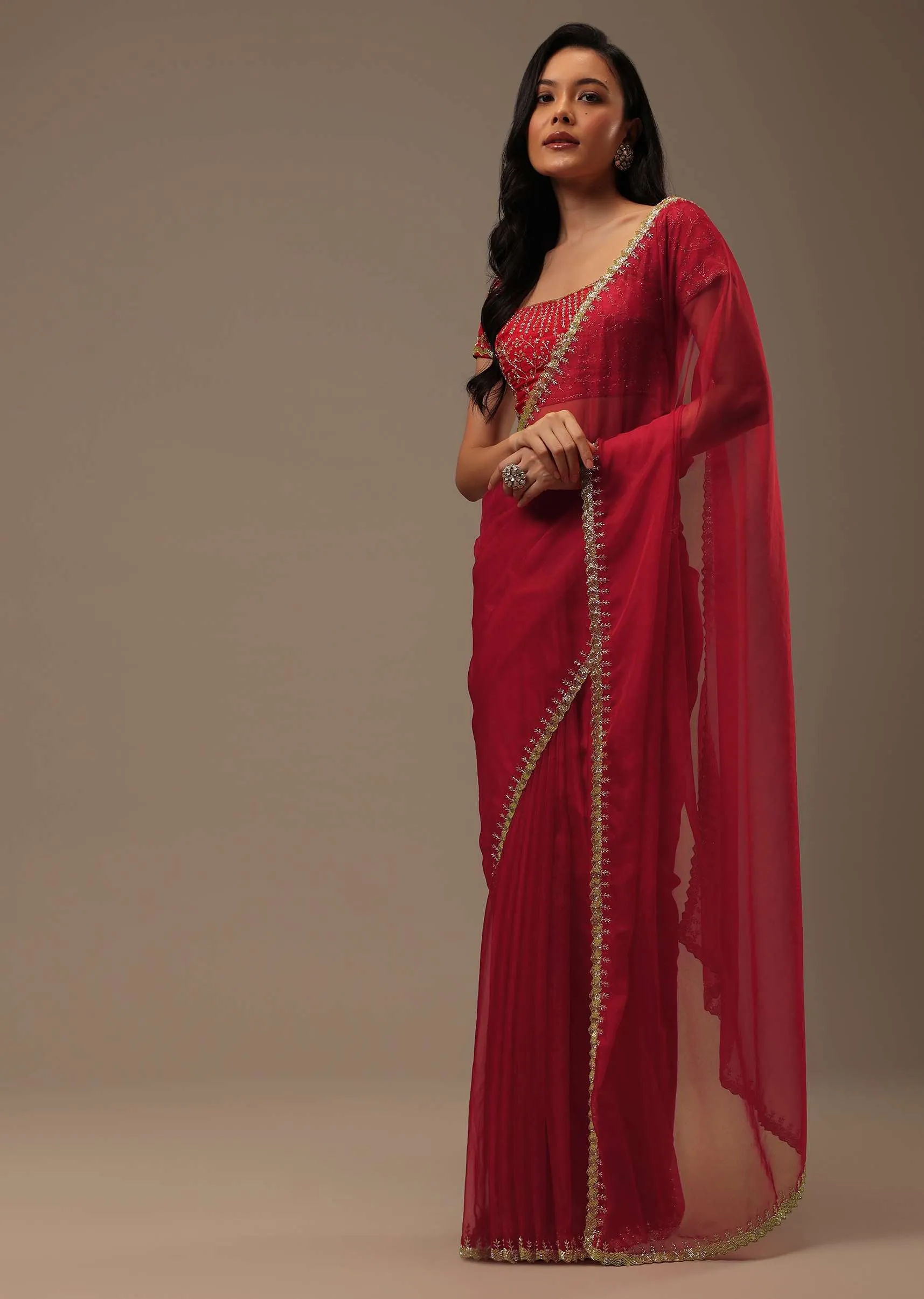 Apple Red Solid Organza Saree With Cut Dana Work