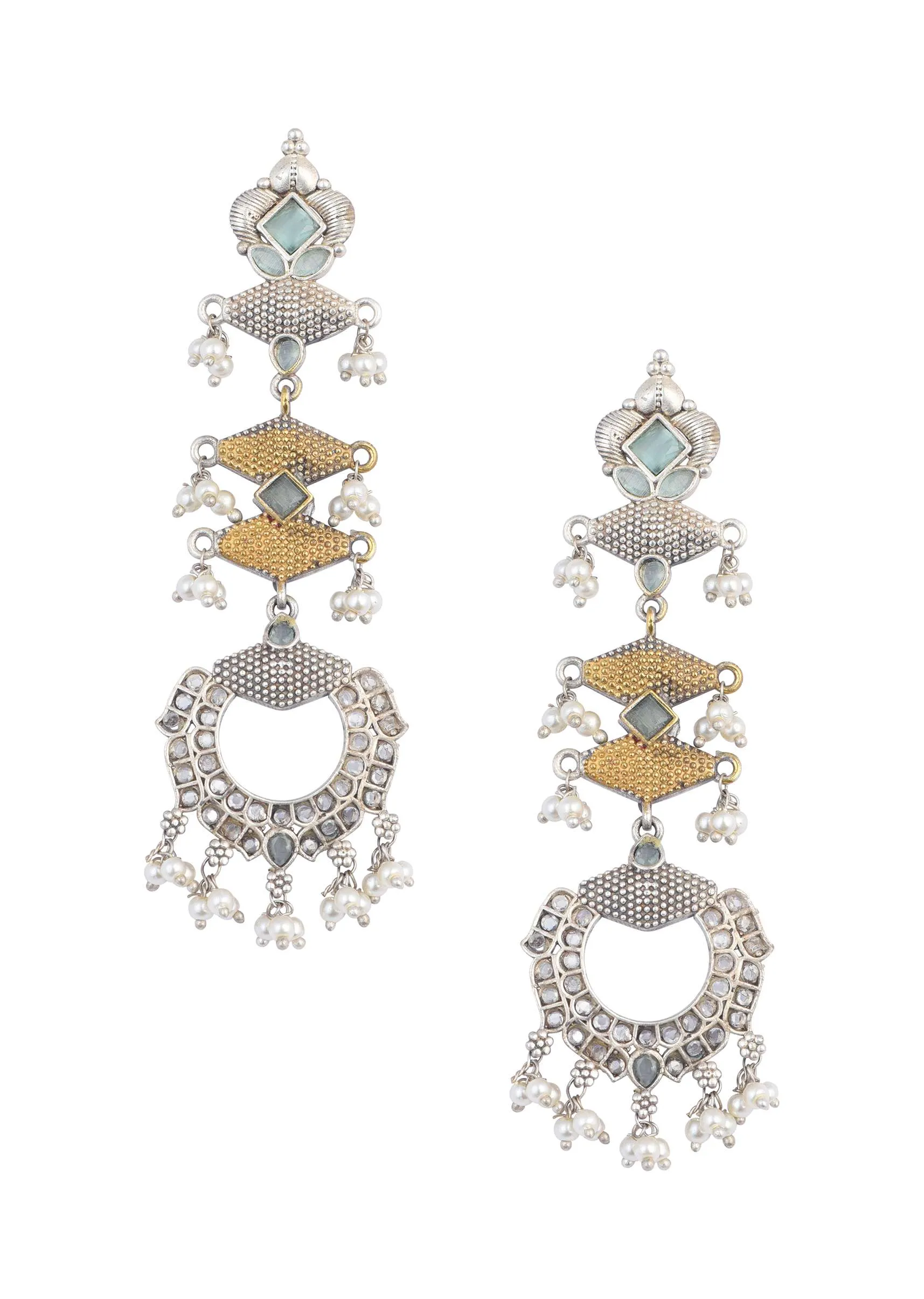 Aqua Oxidised Tiered Earrings With Pearl Drops