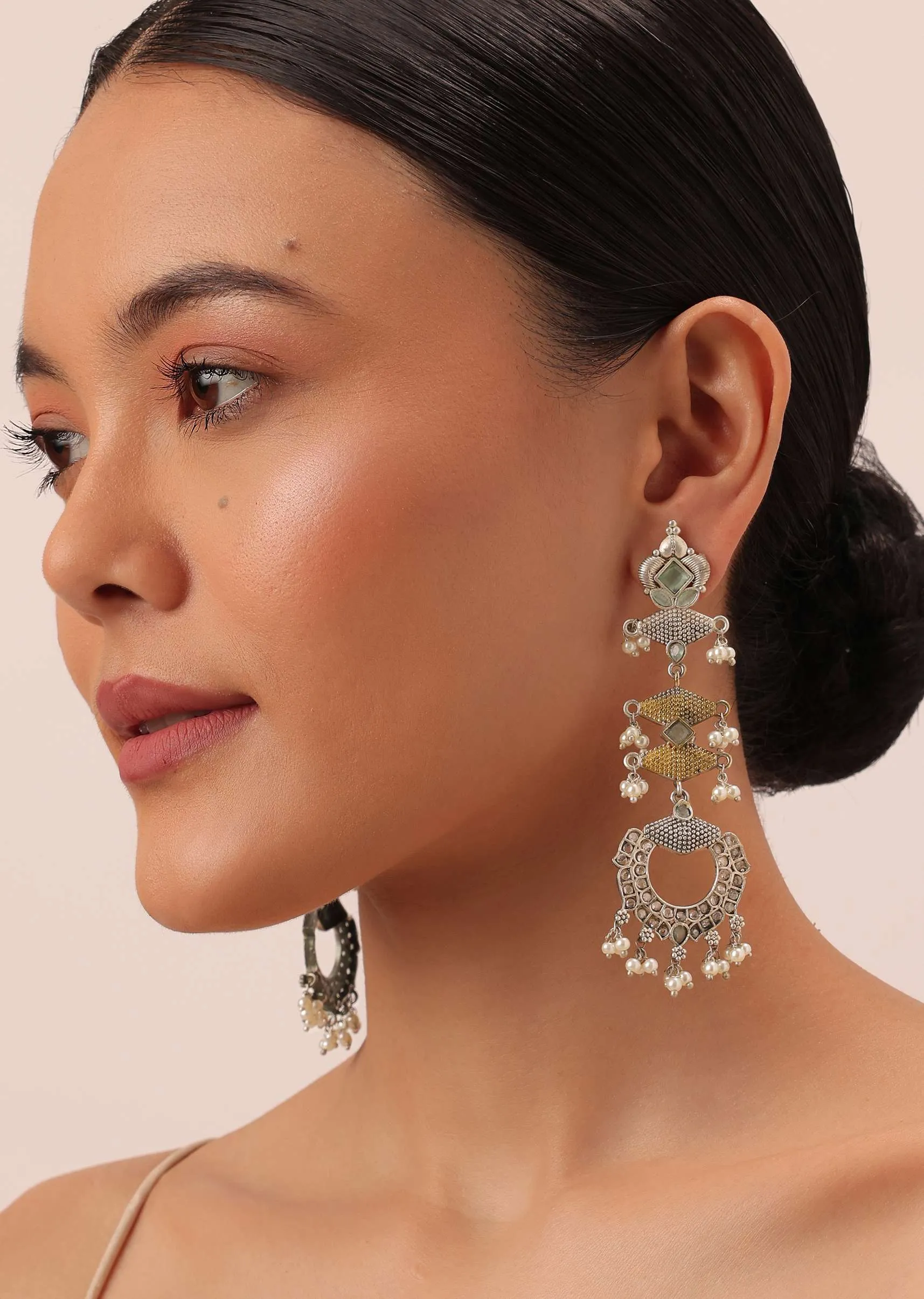 Aqua Oxidised Tiered Earrings With Pearl Drops