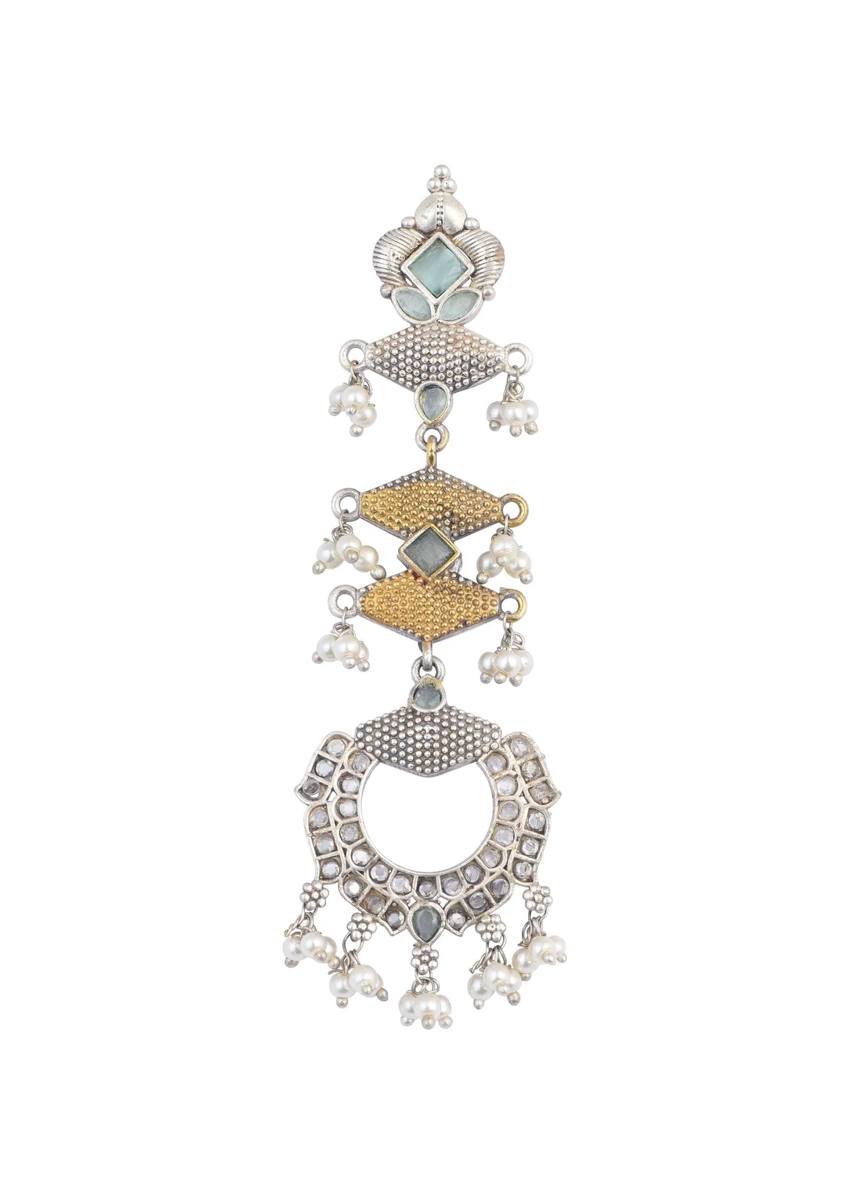 Aqua Oxidised Tiered Earrings With Pearl Drops
