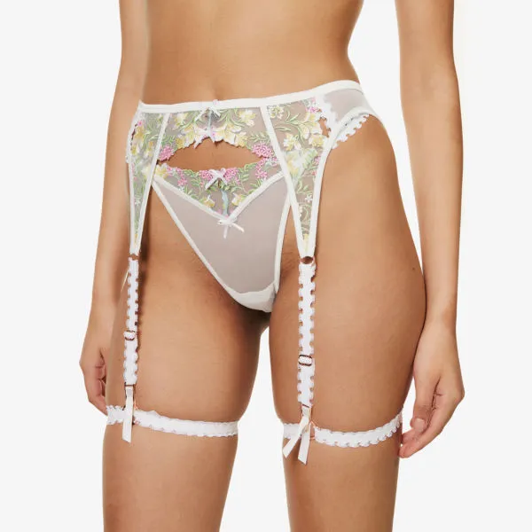Azalea Floral Embroidered Lace Two Piece Lounge Underwear Set, White