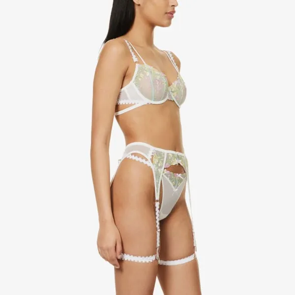 Azalea Floral Embroidered Lace Two Piece Lounge Underwear Set, White