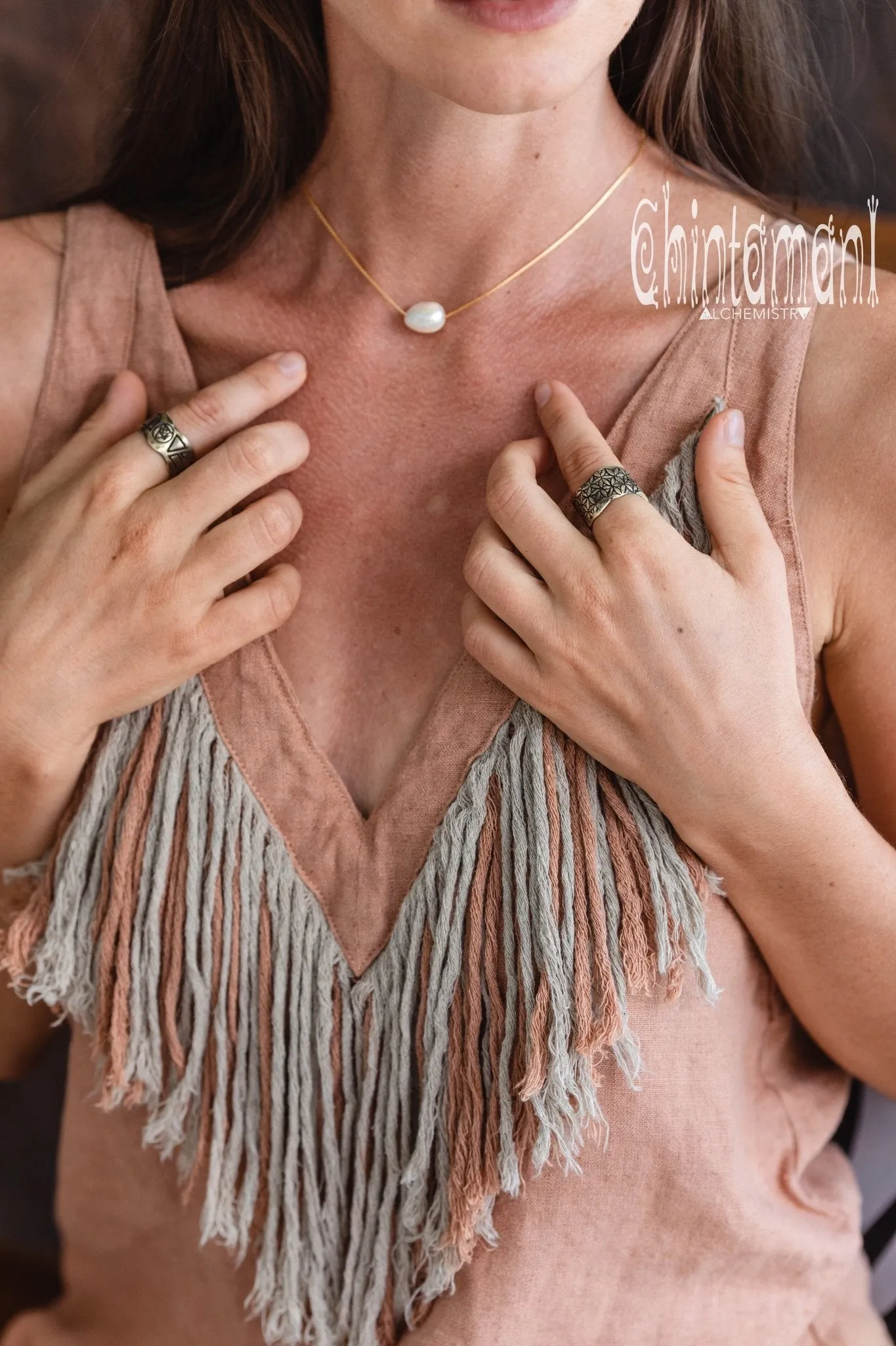 Backless Linen Boho Top with Fringes / Dusty Pink