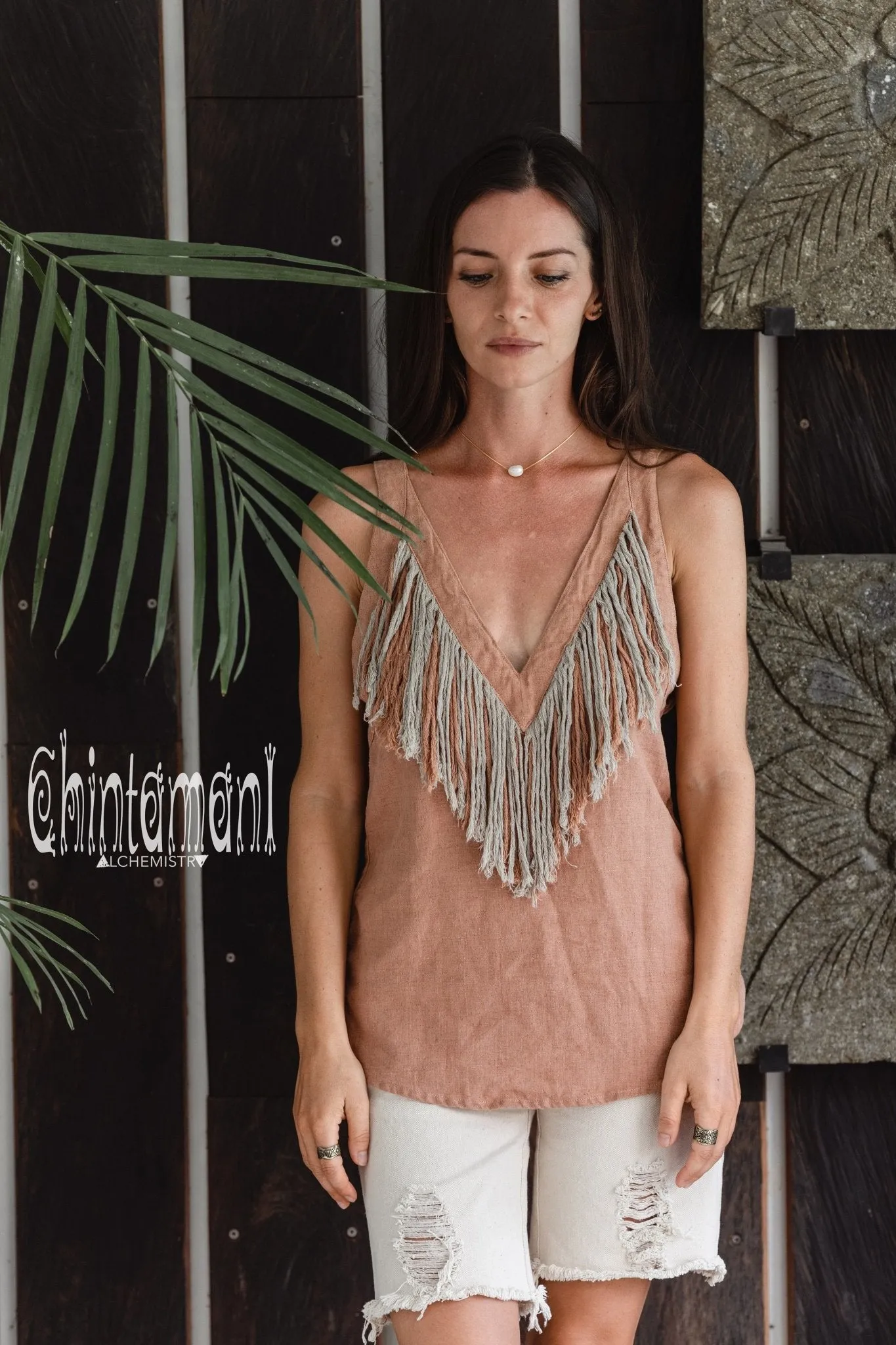 Backless Linen Boho Top with Fringes / Dusty Pink