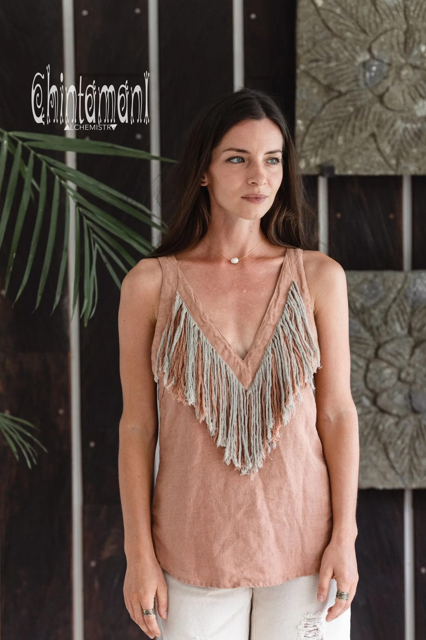 Backless Linen Boho Top with Fringes / Dusty Pink