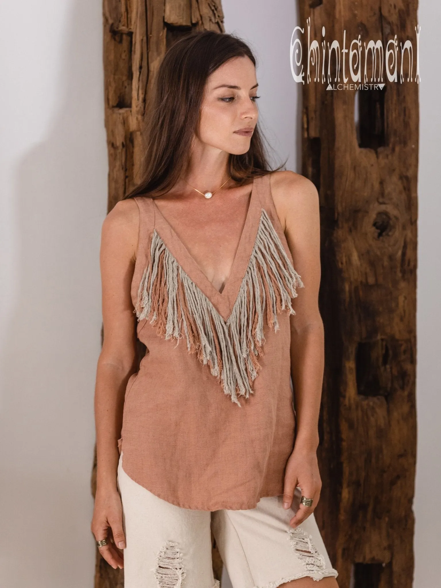 Backless Linen Boho Top with Fringes / Dusty Pink