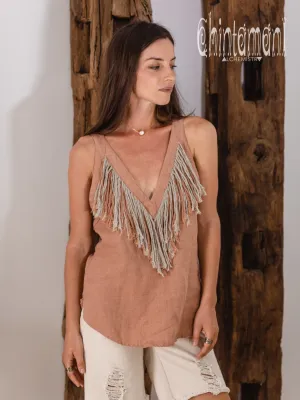 Backless Linen Boho Top with Fringes / Dusty Pink