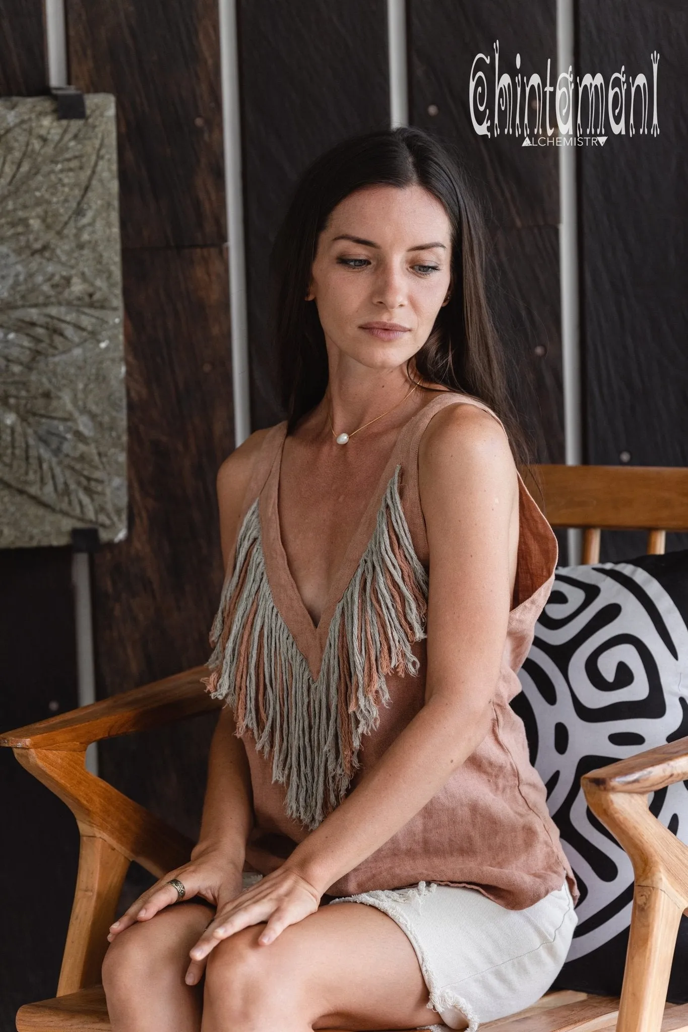 Backless Linen Boho Top with Fringes / Dusty Pink