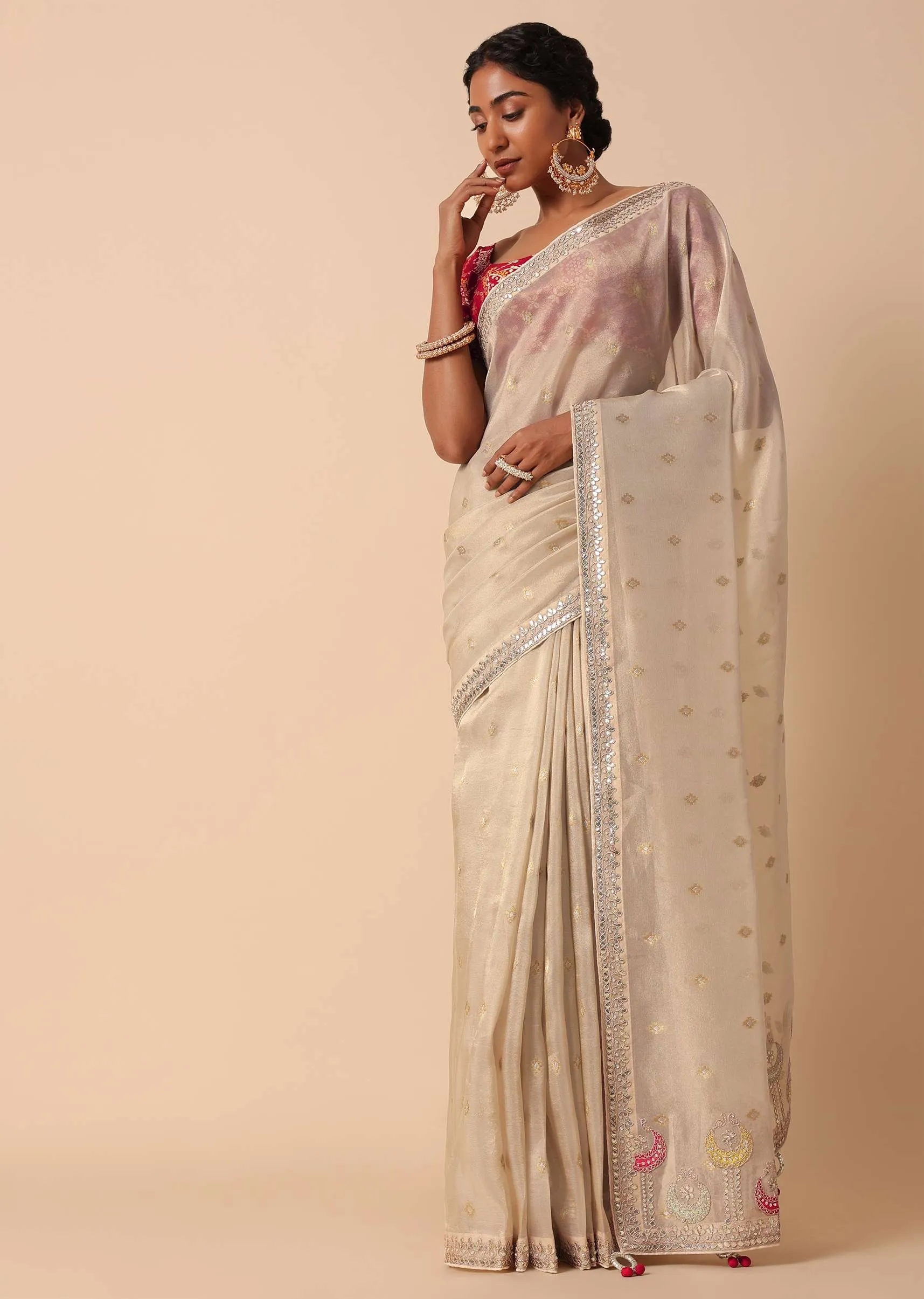 Beige Silk Embroidered Saree Set With Unstitched Blouse Piece