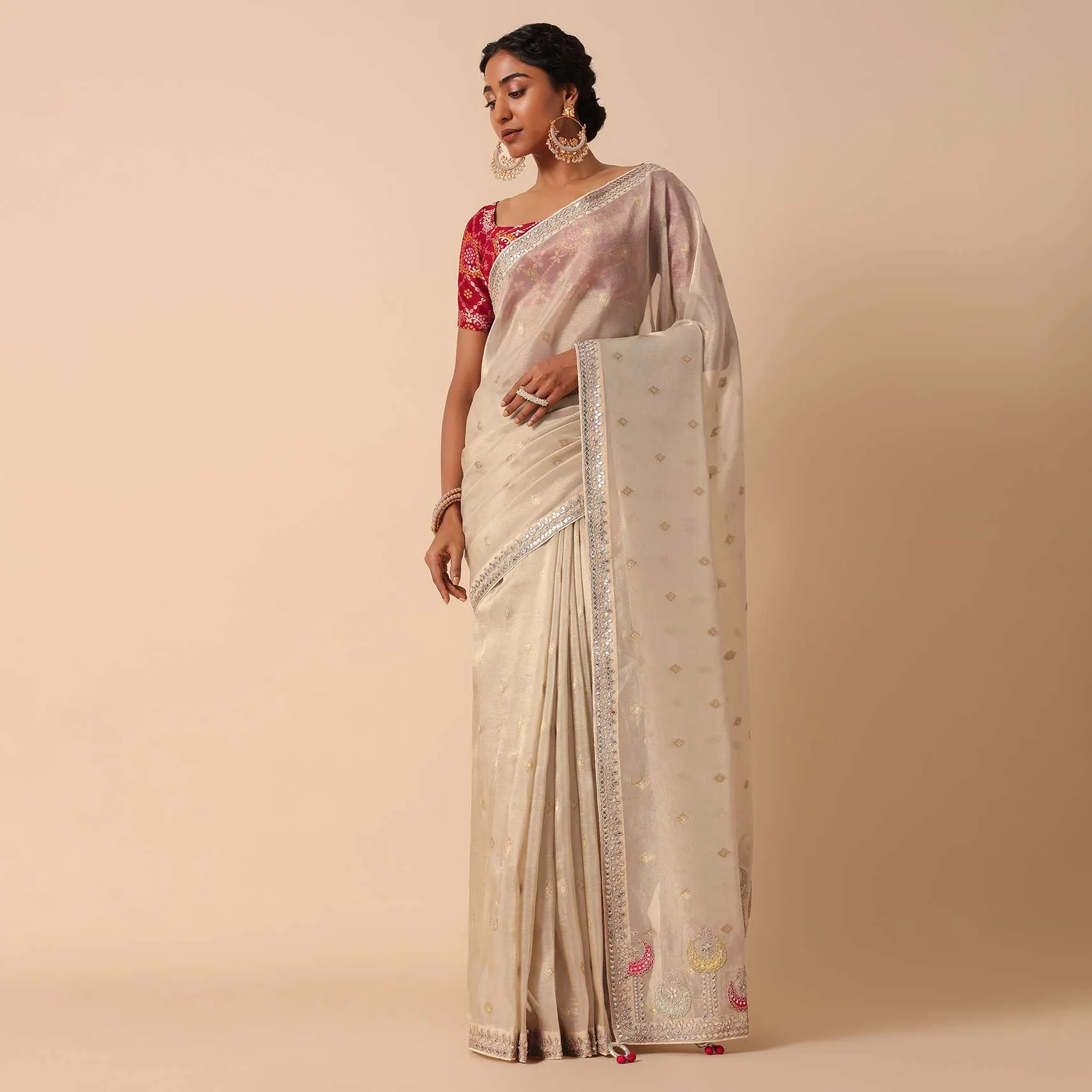 Beige Silk Embroidered Saree Set With Unstitched Blouse Piece
