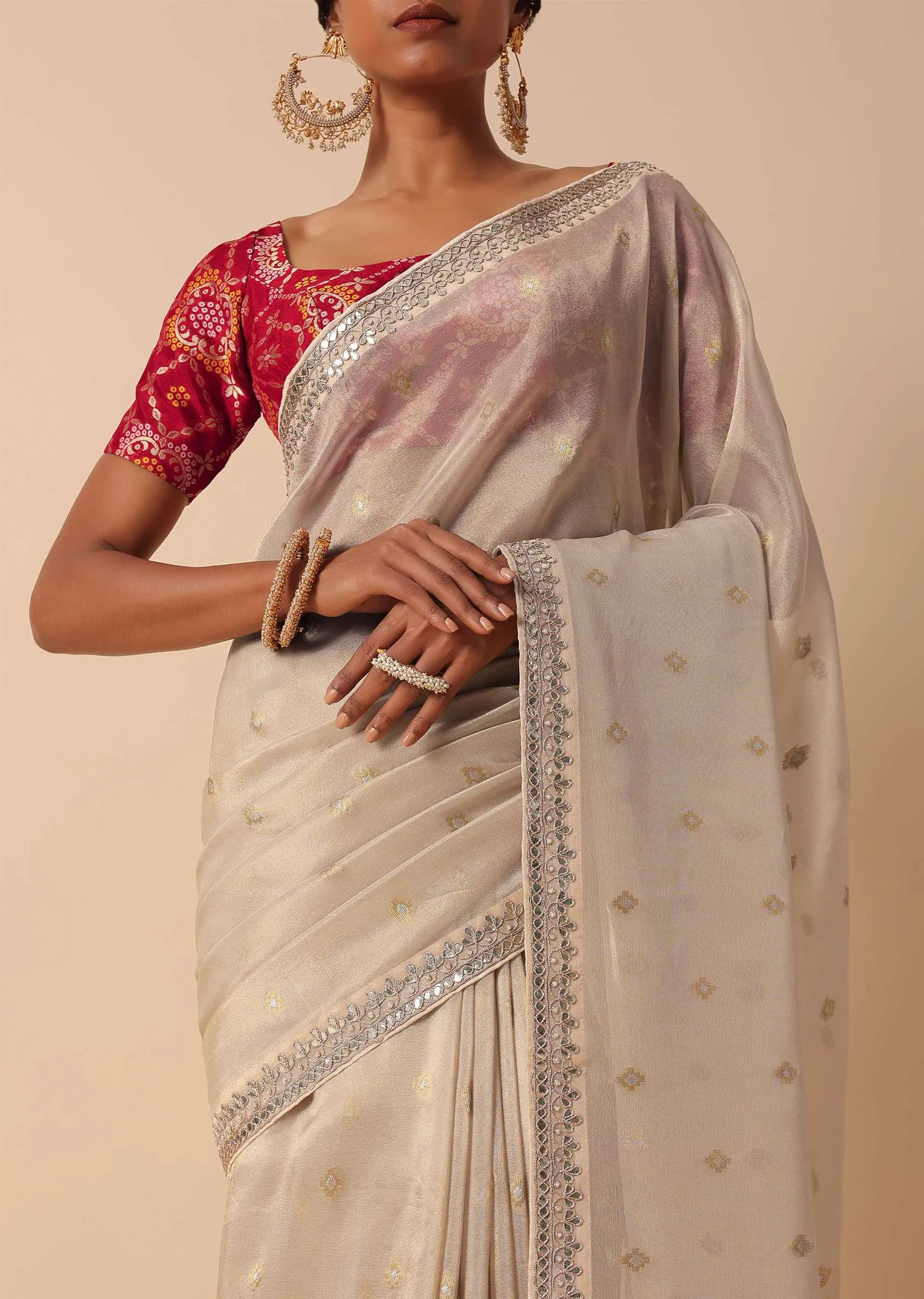 Beige Silk Embroidered Saree Set With Unstitched Blouse Piece