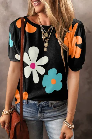 Black Floral Bubble Sleeve Tee