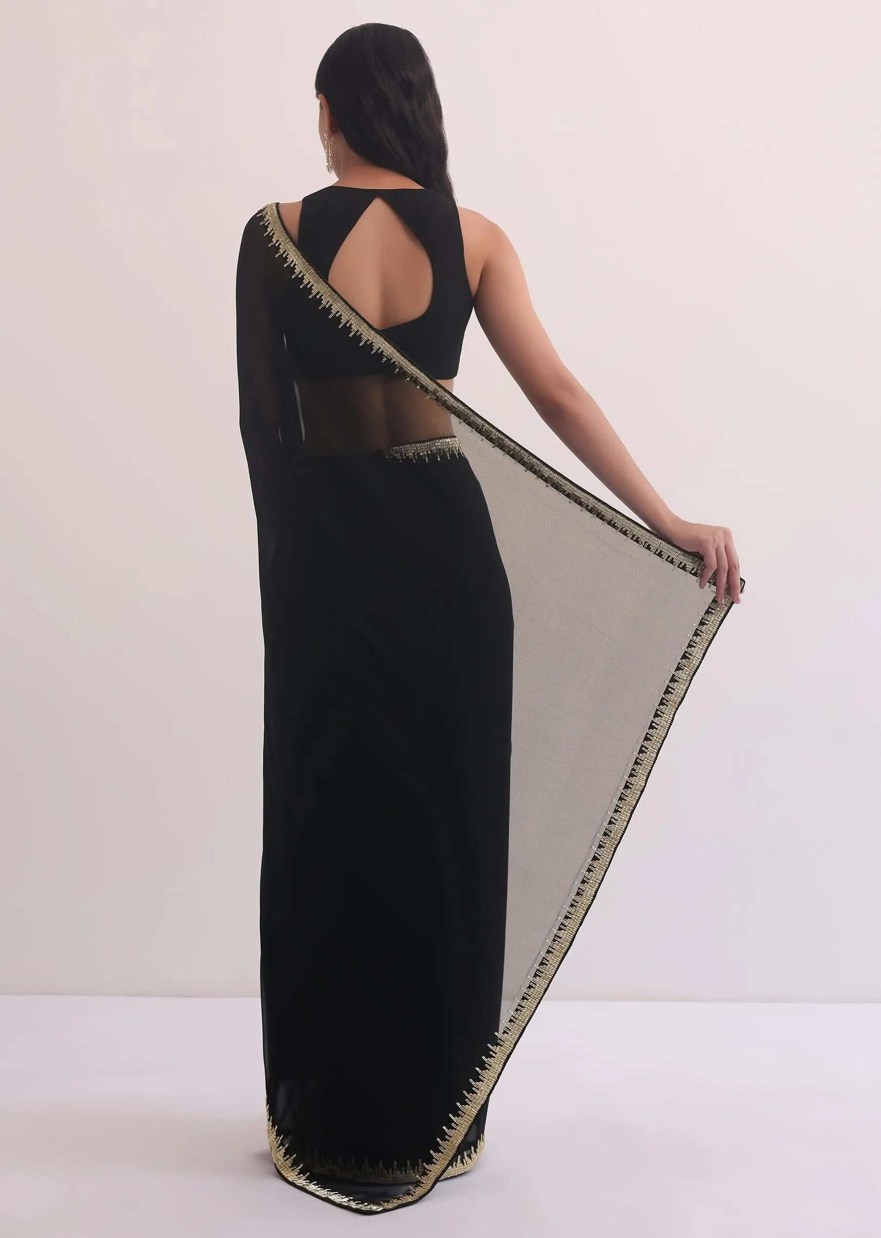 Black Georgette Saree With Salli Cutdana Border