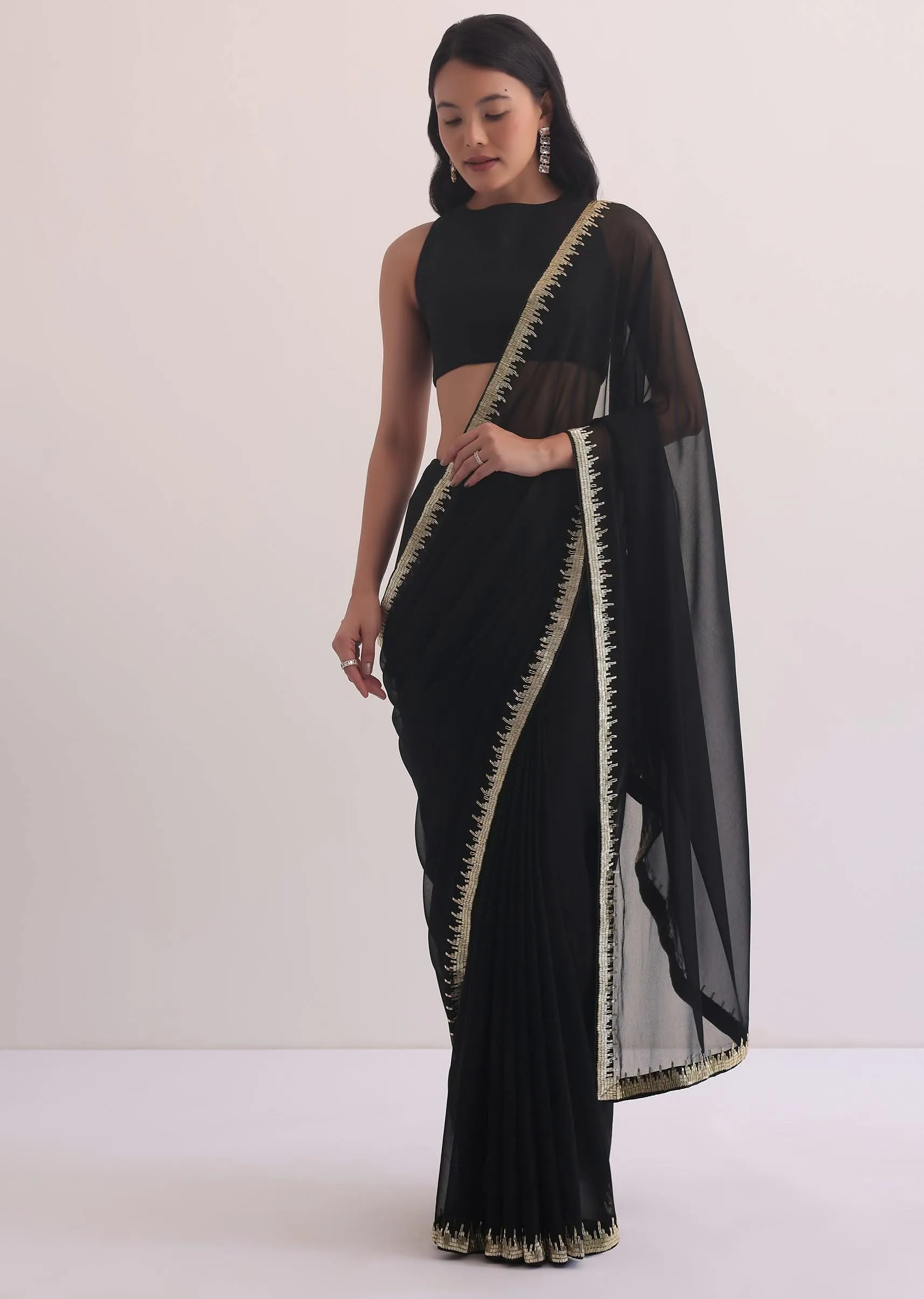 Black Georgette Saree With Salli Cutdana Border