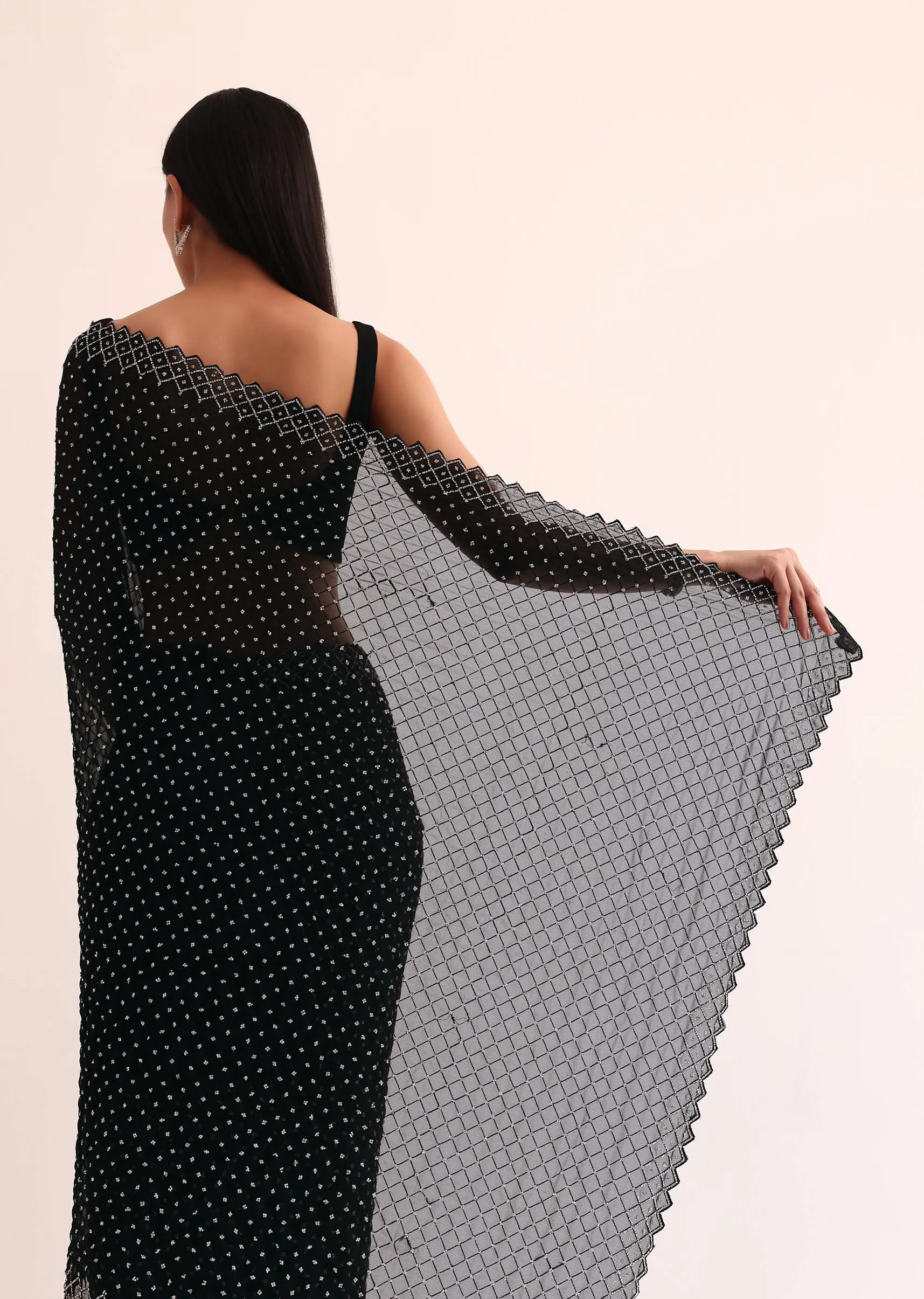 Black Georgette Saree With Stone Embroidery And Unstitched Blouse
