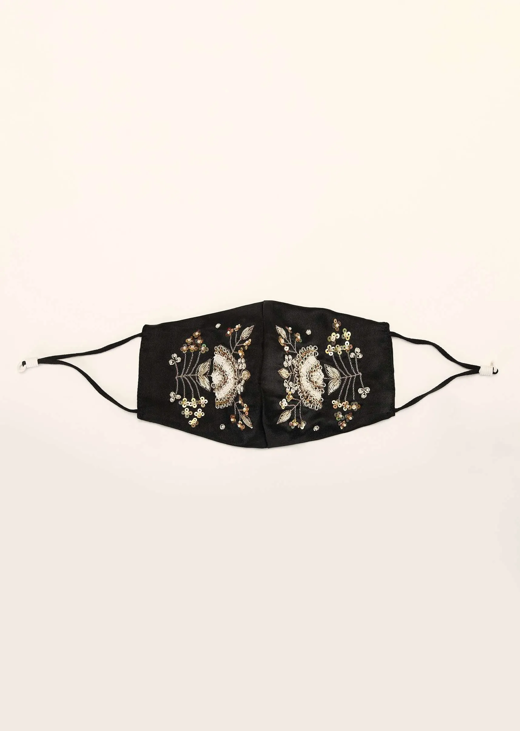Black Mask In Satin Silk With Moti And Zardosi Embroidered Floral Motif