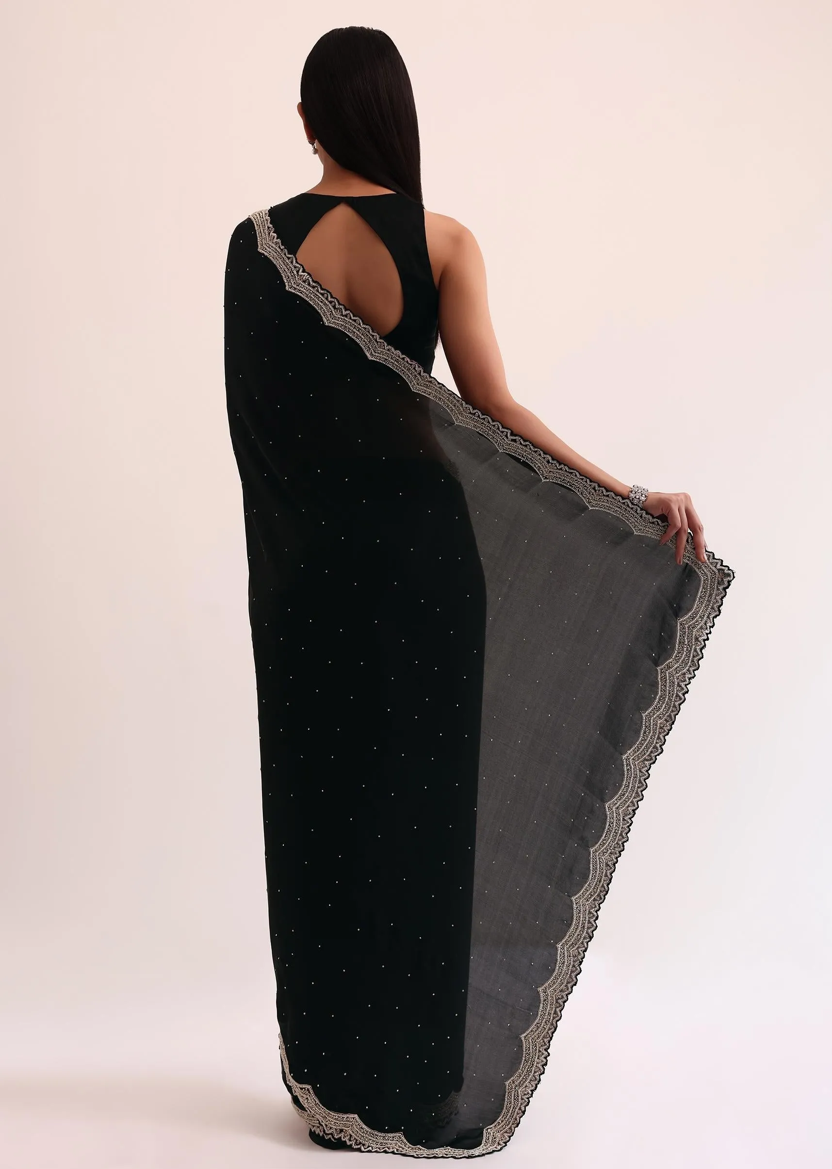 Black Satin Saree With Cut Dana Embroidery And Unstitched Blouse