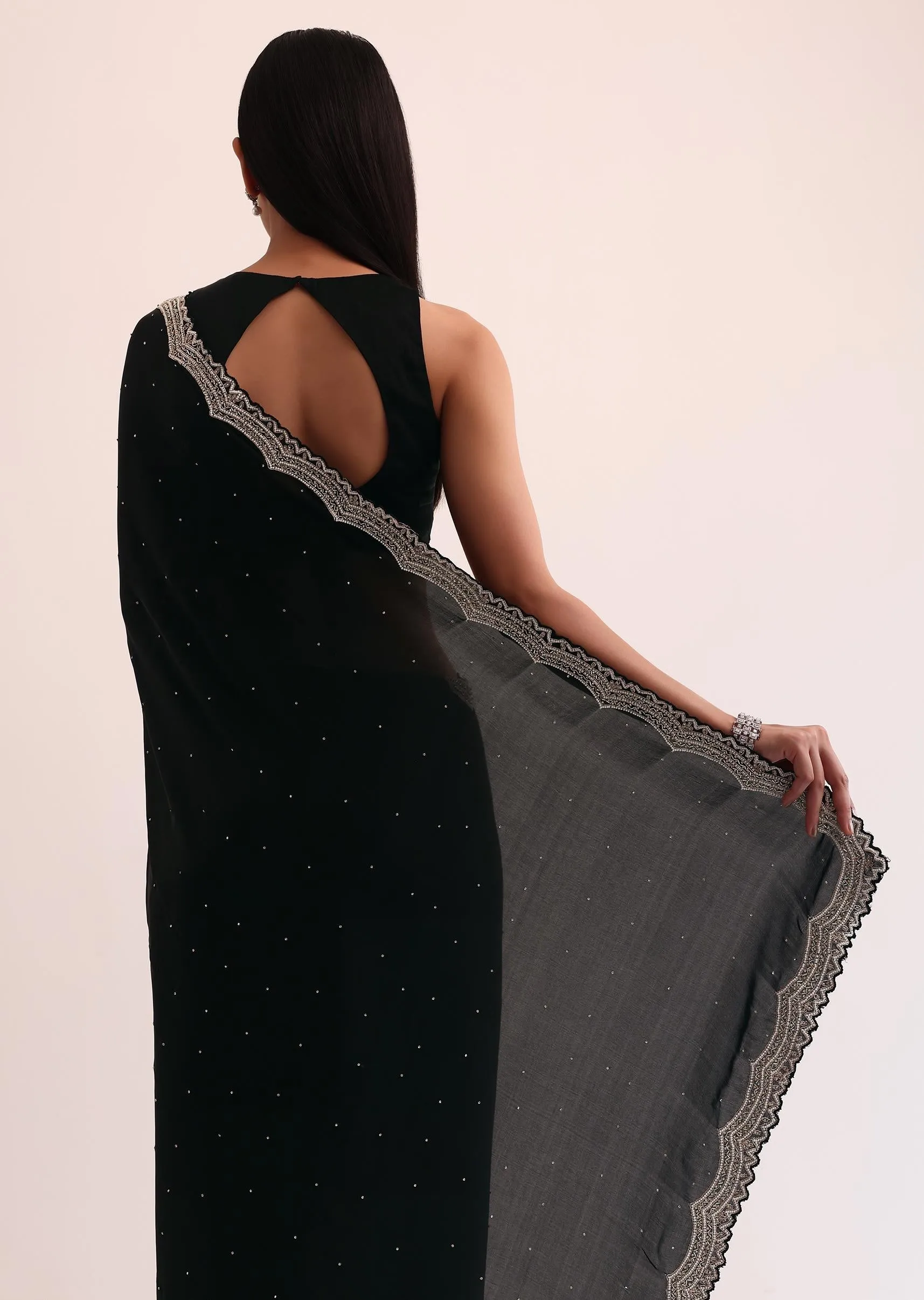 Black Satin Saree With Cut Dana Embroidery And Unstitched Blouse