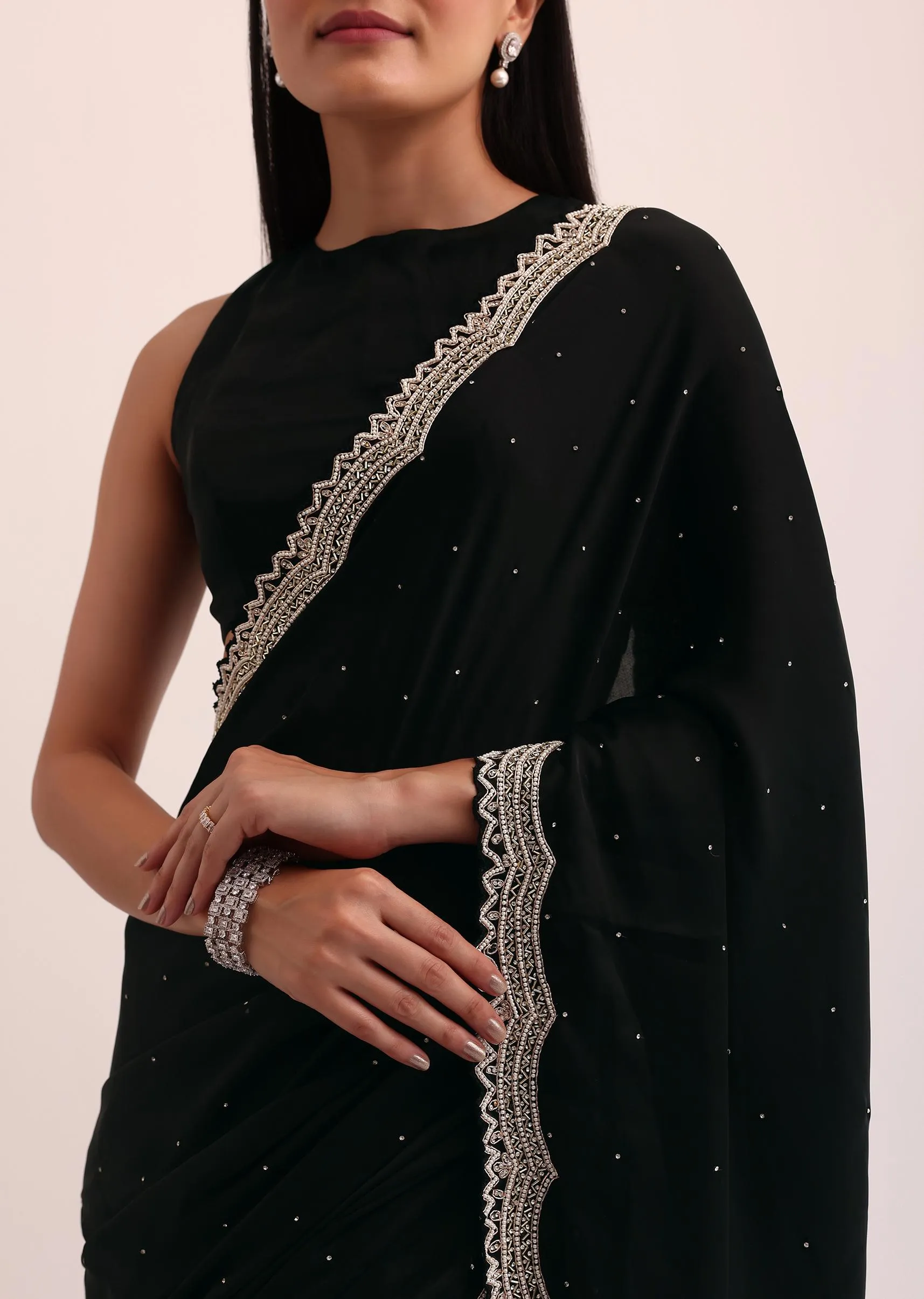 Black Satin Saree With Cut Dana Embroidery And Unstitched Blouse
