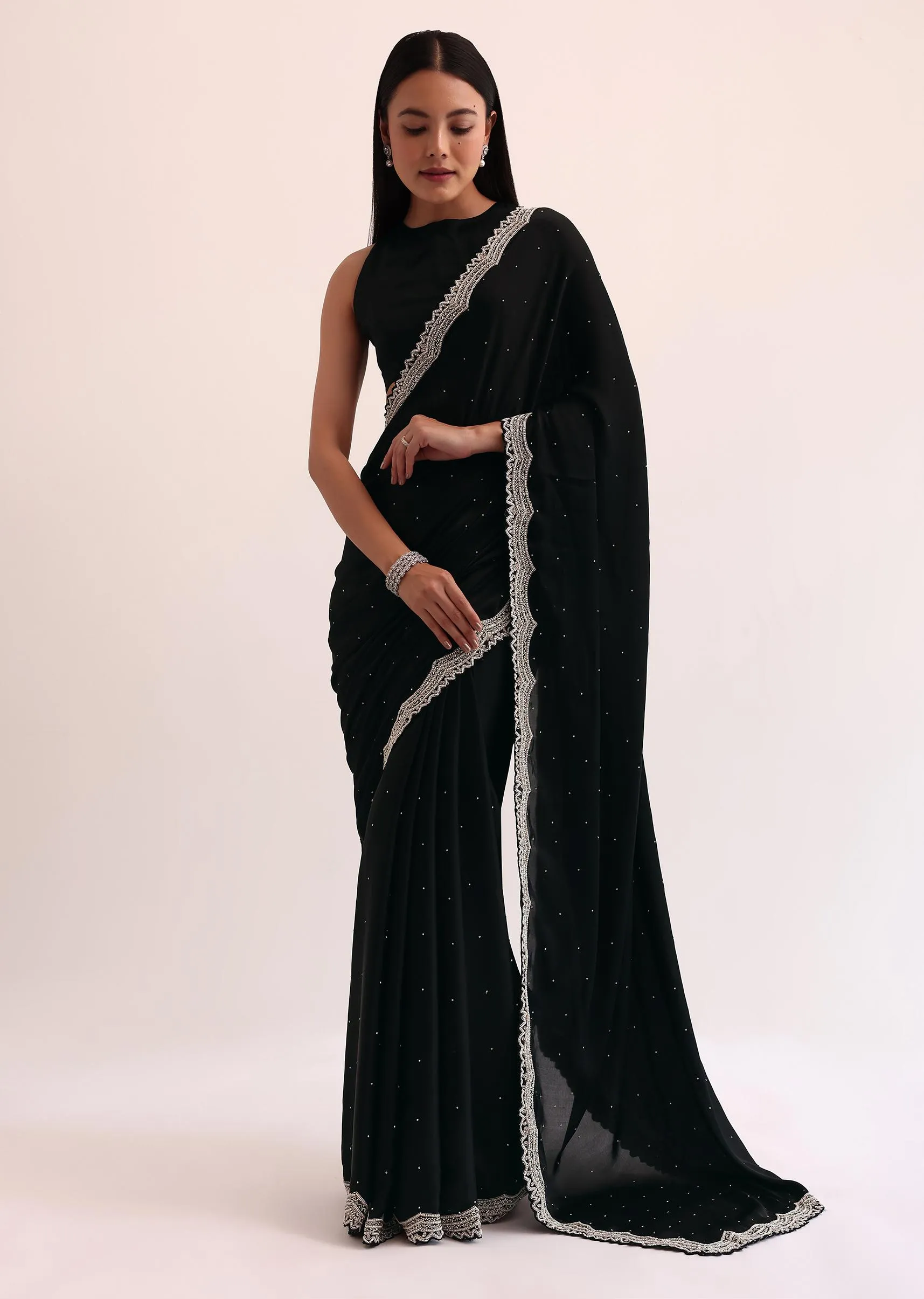 Black Satin Saree With Cut Dana Embroidery And Unstitched Blouse