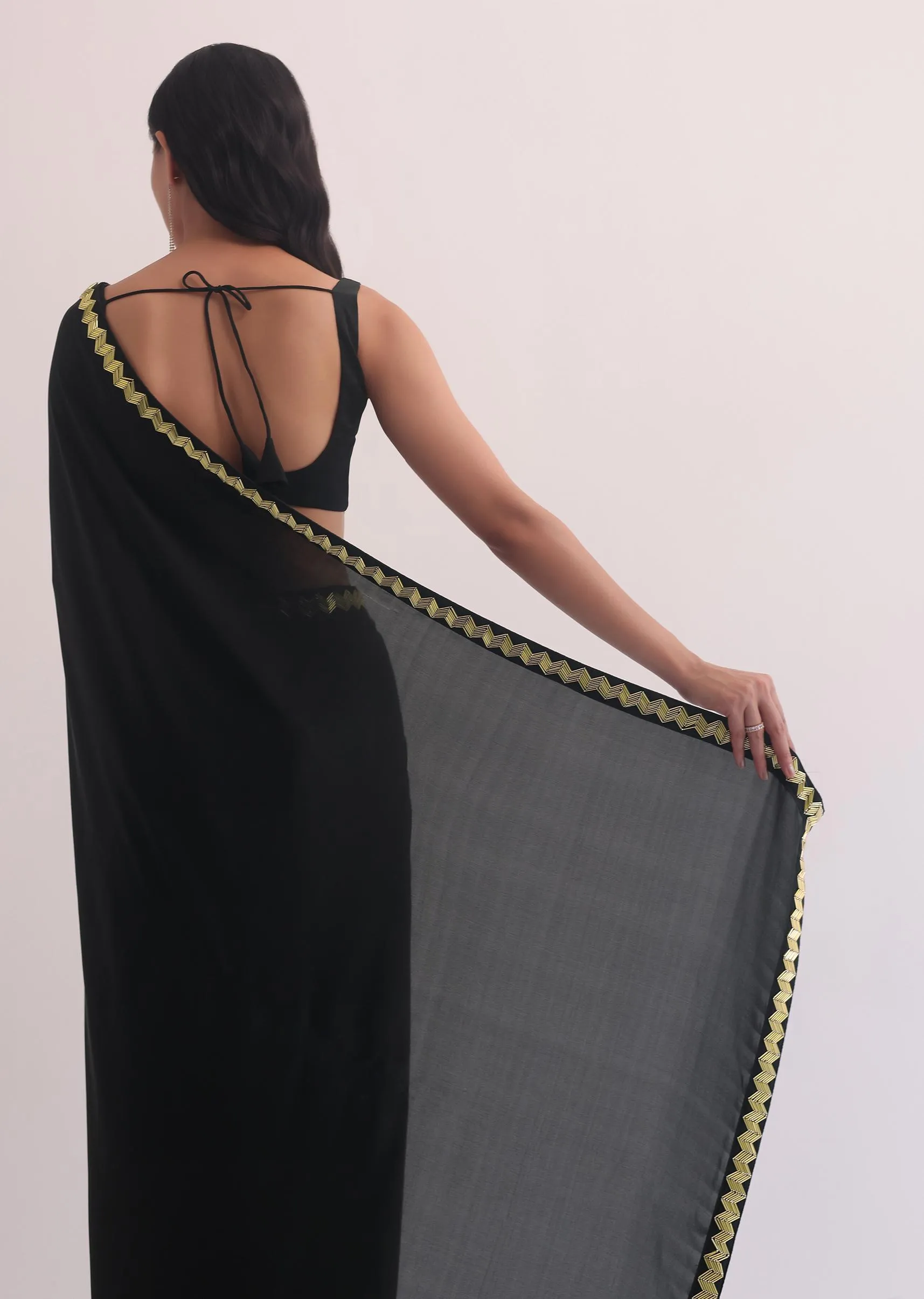 Black Satin Saree With Salli Cutdana Embroidery Border
