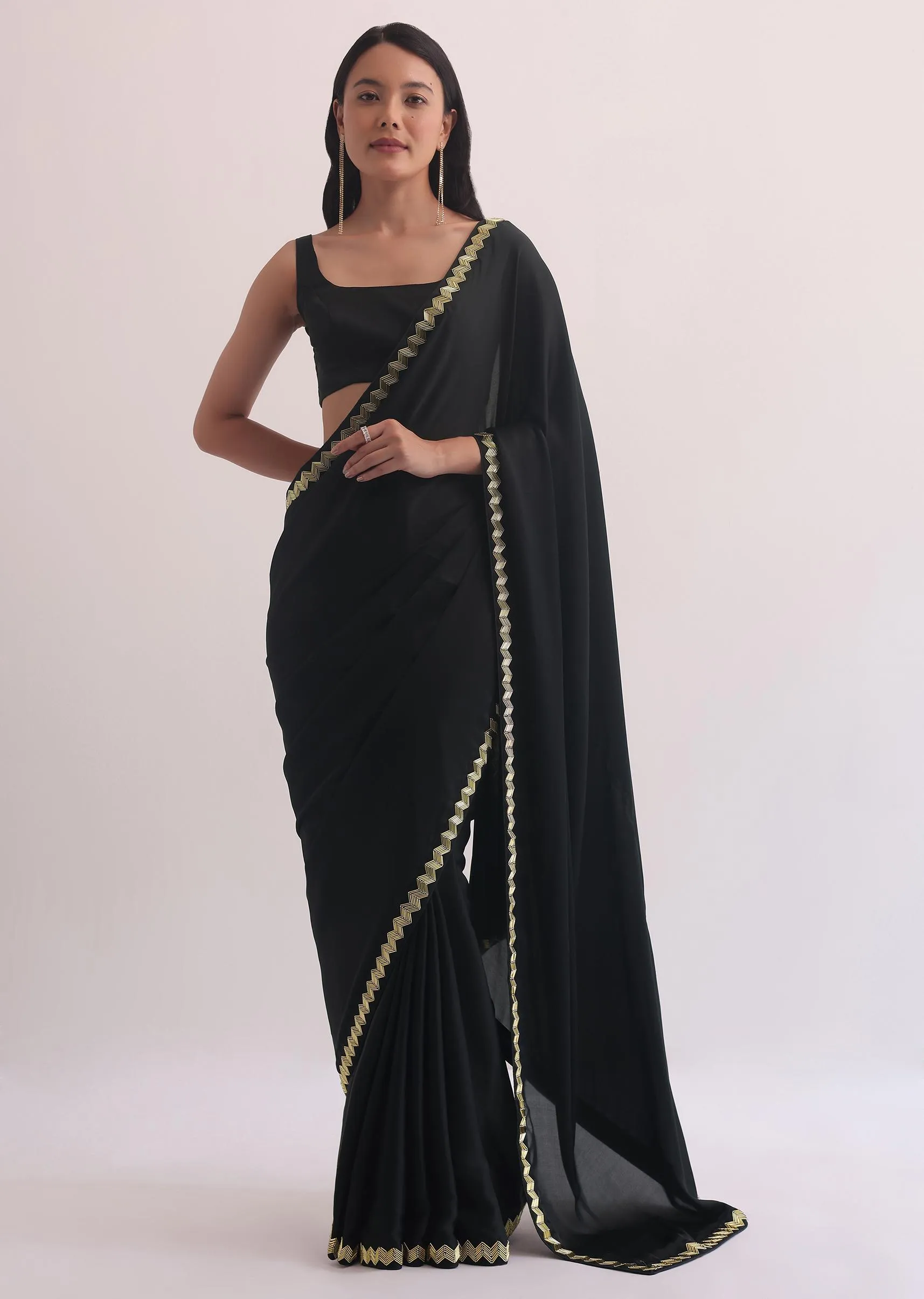 Black Satin Saree With Salli Cutdana Embroidery Border