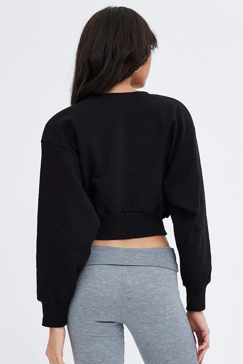 Black Sweater Round Neck Long Sleeve Embroidery