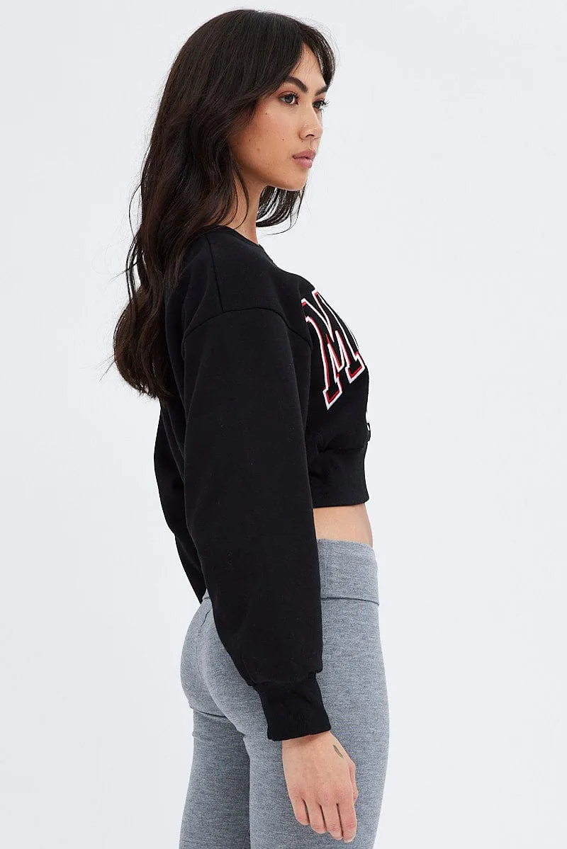 Black Sweater Round Neck Long Sleeve Embroidery