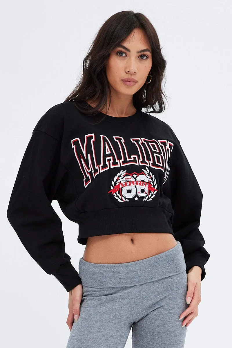 Black Sweater Round Neck Long Sleeve Embroidery