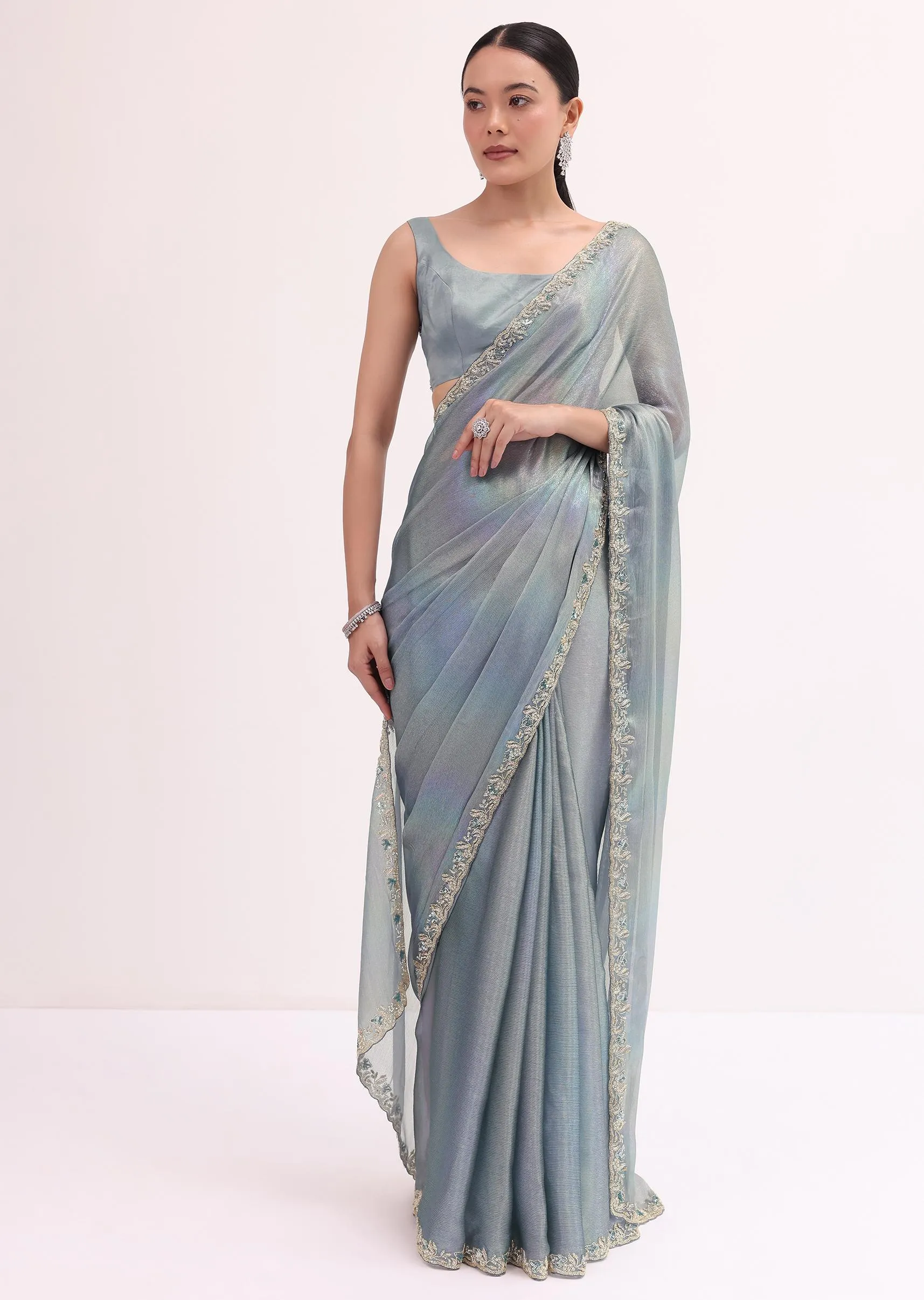 Blue Embroidered Saree With Unstitched Blouse