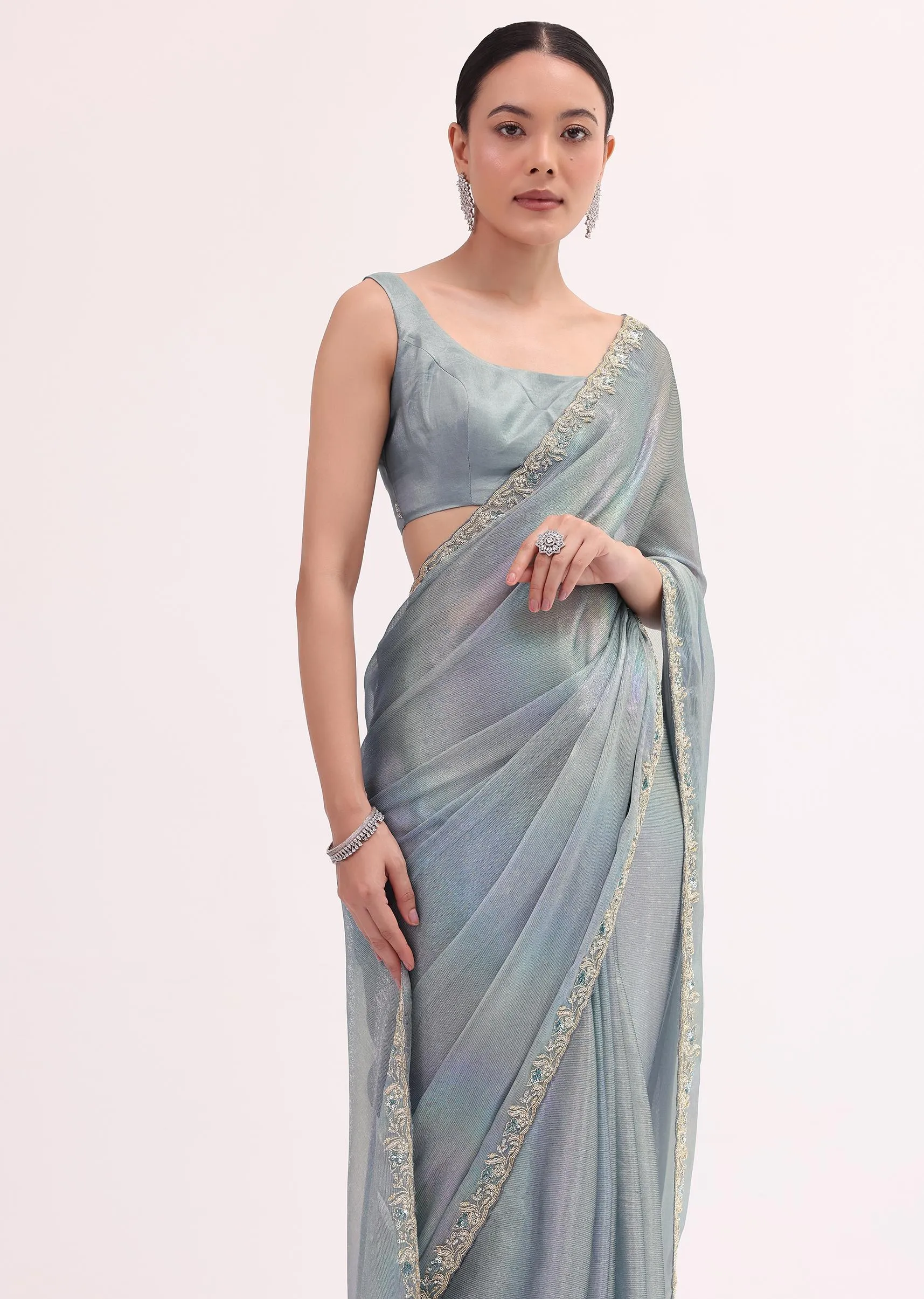 Blue Embroidered Saree With Unstitched Blouse