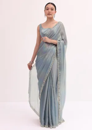 Blue Embroidered Saree With Unstitched Blouse
