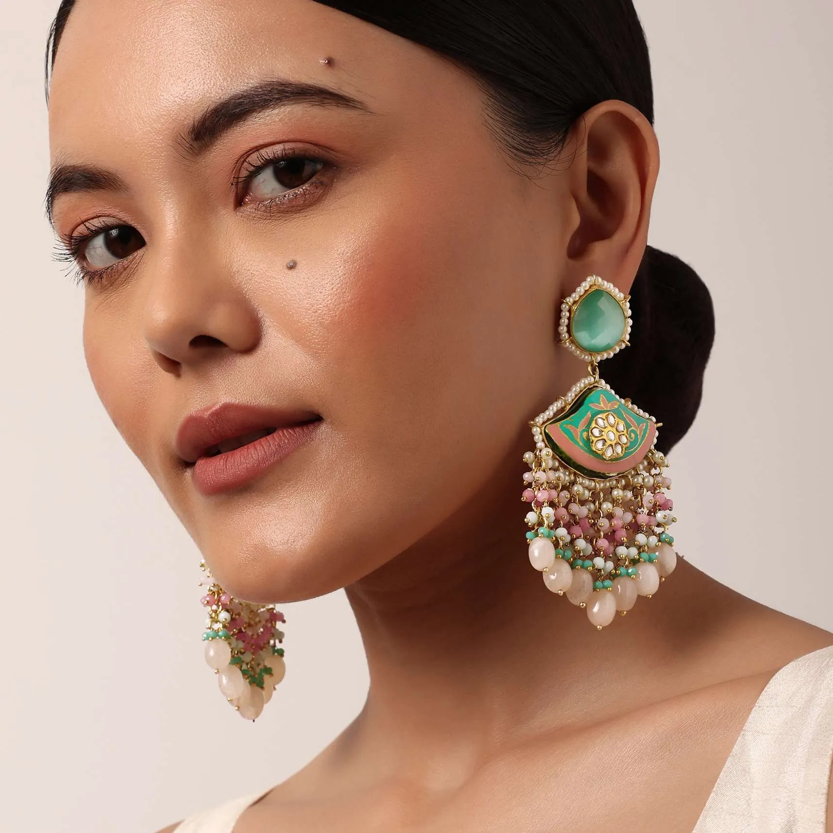 Blue Enameled Danglers With Pink Bead Drops And Kundan