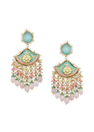 Blue Enameled Danglers With Pink Bead Drops And Kundan