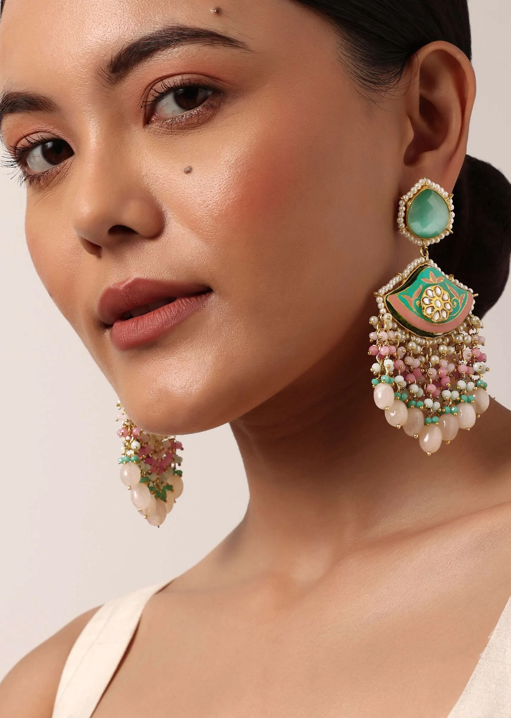 Blue Enameled Danglers With Pink Bead Drops And Kundan