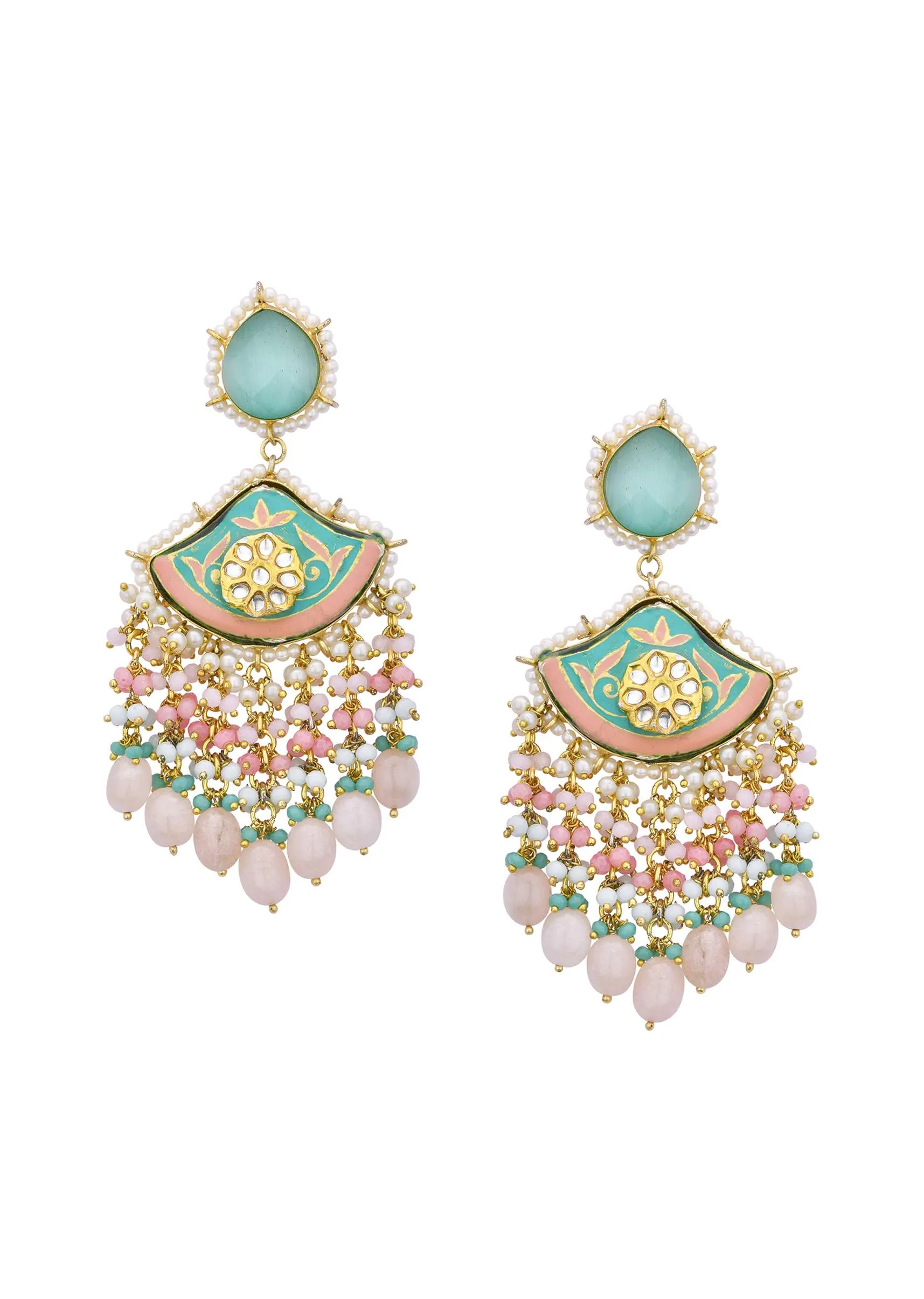Blue Enameled Danglers With Pink Bead Drops And Kundan