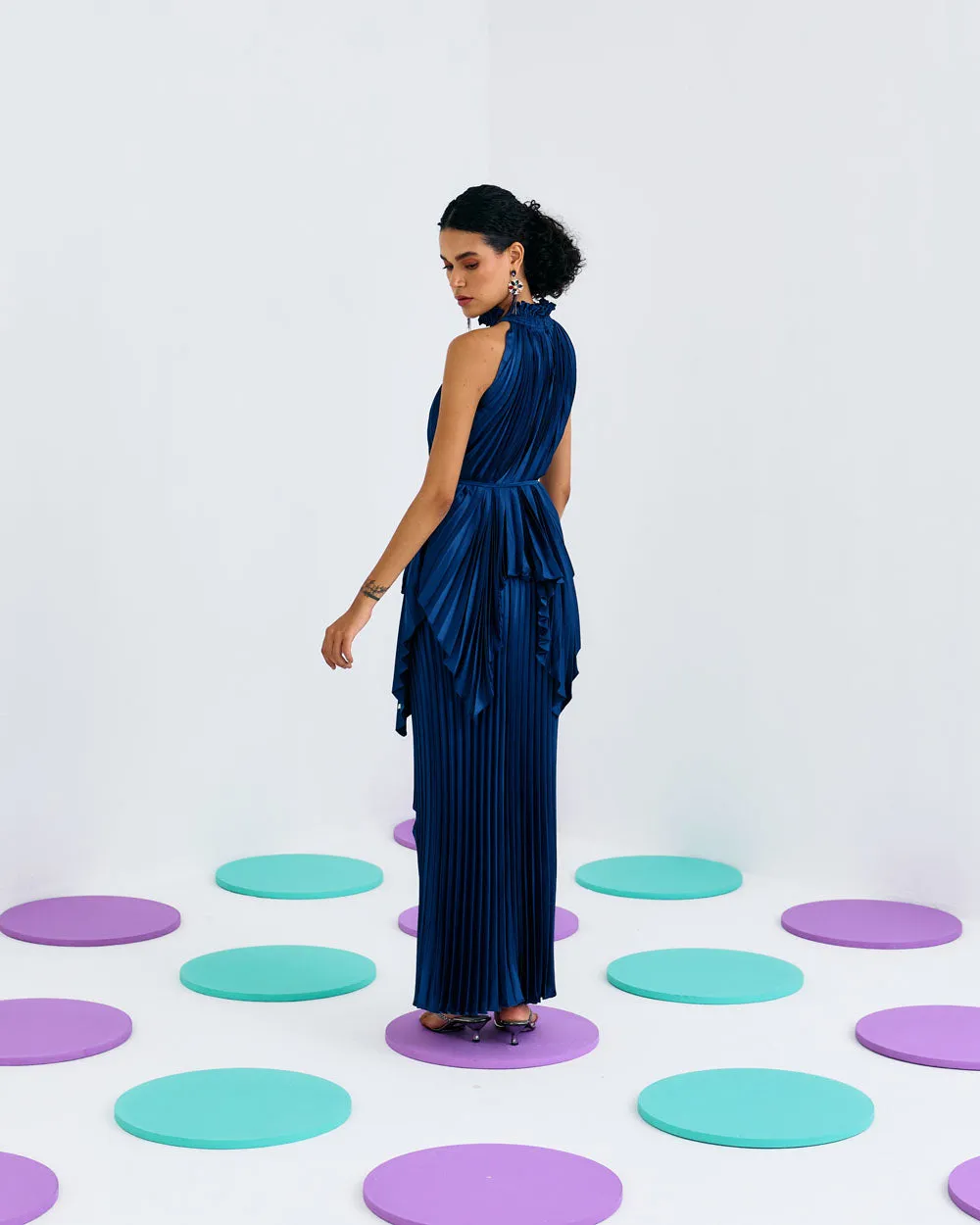 Blue Halter Pleated Top