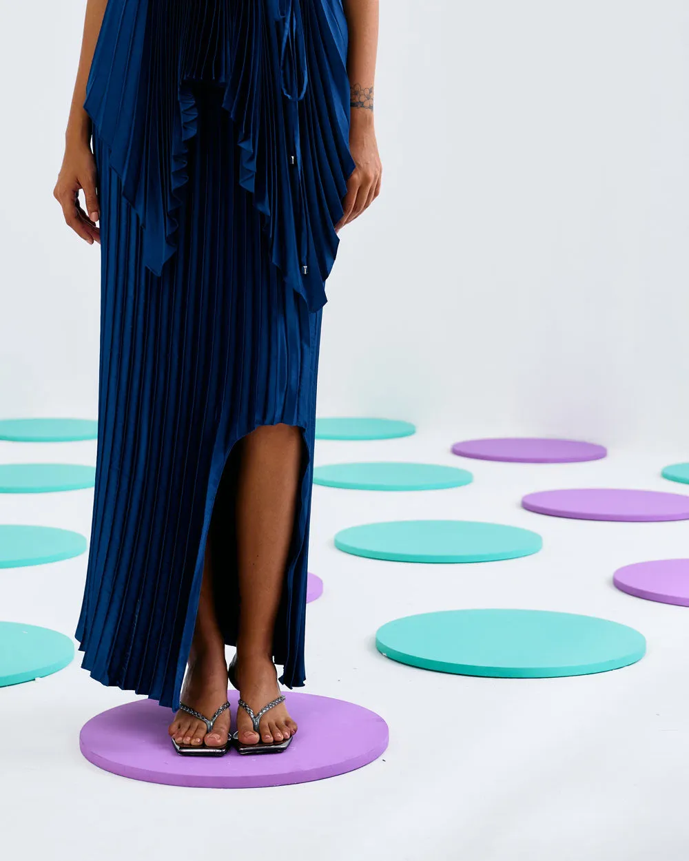 Blue Halter Pleated Top