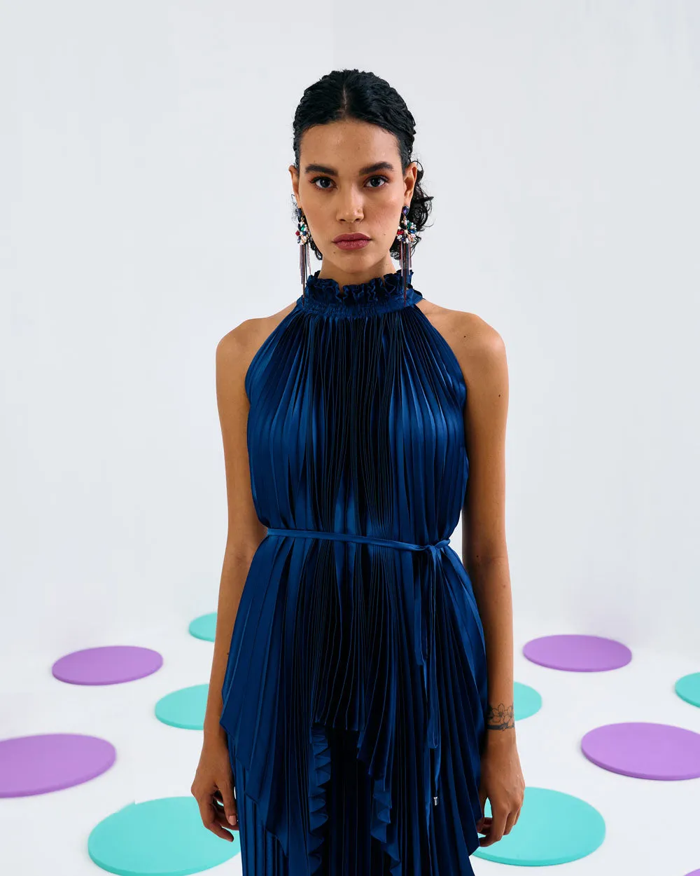 Blue Halter Pleated Top